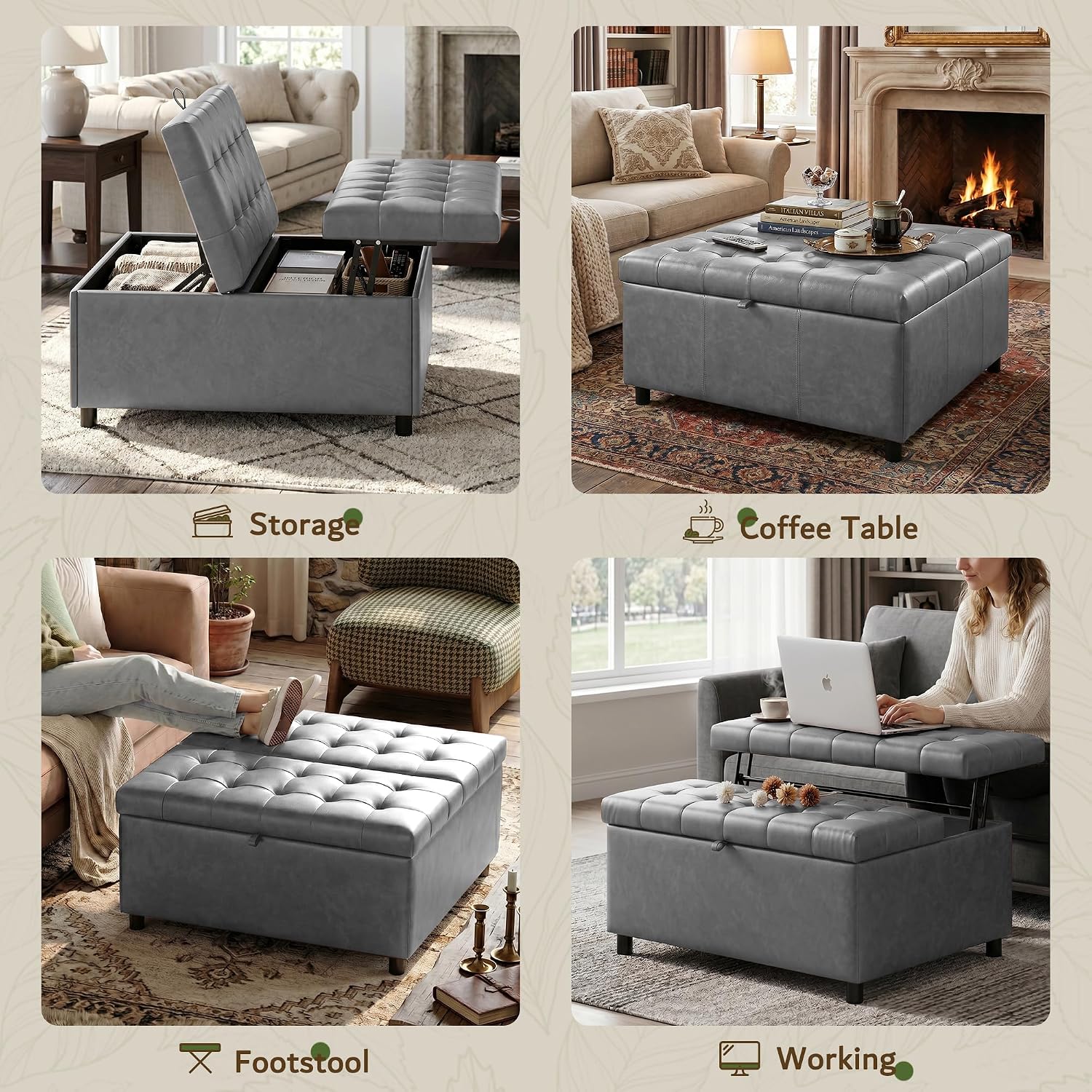 LINLUX Extra Large Leather Storage Ottoman, 35.5 Inch Large Square Lift Top Ottoman Coffee Table with Storage, Tufted Leather Ottoman Footrest Toy Box for Living Room，Bedroom