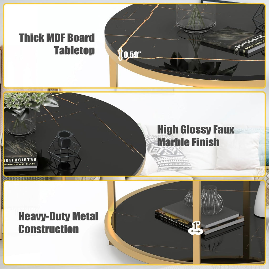 WiberWi Round Coffee Table 33.5' Coffee Tables for Living Room High Glossy Faux Balck Marble Top Modern Circle Table Sturdy Gold Metal Frame Legs Cocktail Table with Storage Open Shelf