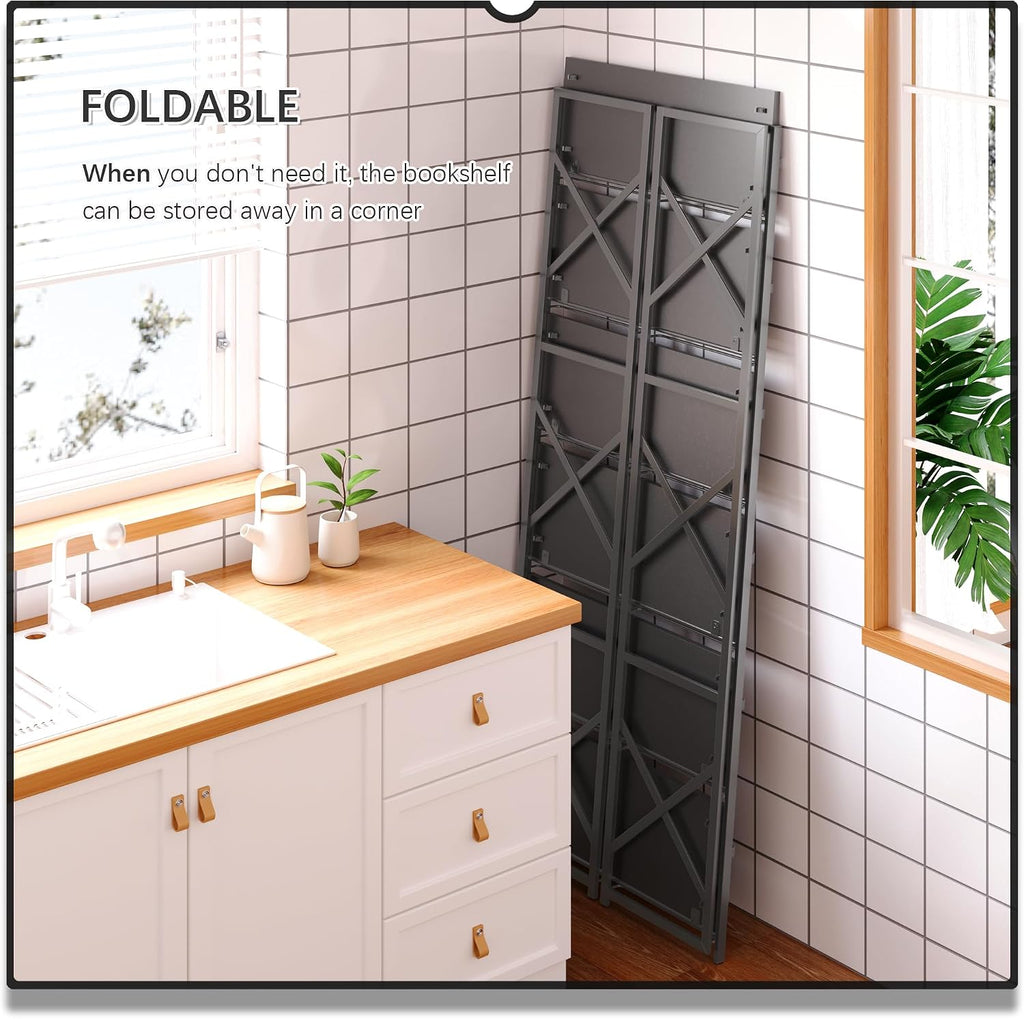4NM 6 Tiers No Assembly Book Shelves, 61.8' H Folding Bookshelf Bookcase Open Industrial Foldable Shelves for Bedroom, Living Room, Home Office - All Black
