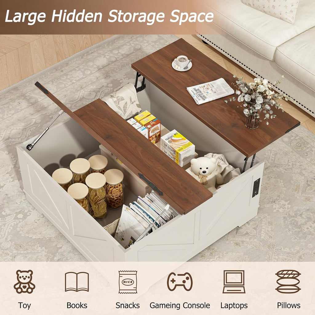 EAG 40' Large Farmhouse Lift Top Coffee Table with Hidden Compartment & Power Outlets, Square Wooden Coffee Table with Multi-Function Flip-Top Ample Storage Center Table for Living Room, White