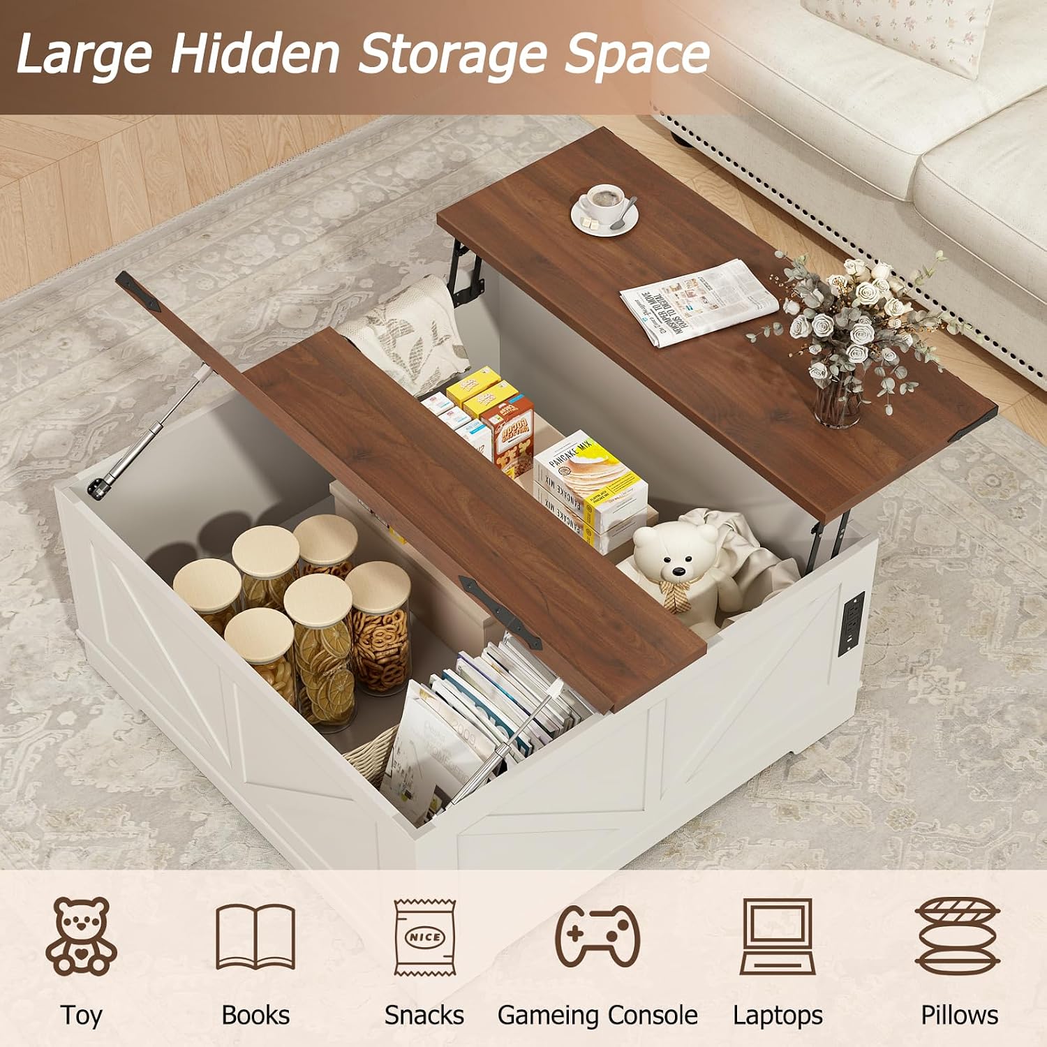 EAG 40' Large Farmhouse Lift Top Coffee Table with Hidden Compartment & Power Outlets, Square Wooden Coffee Table with Multi-Function Flip-Top Ample Storage Center Table for Living Room, White