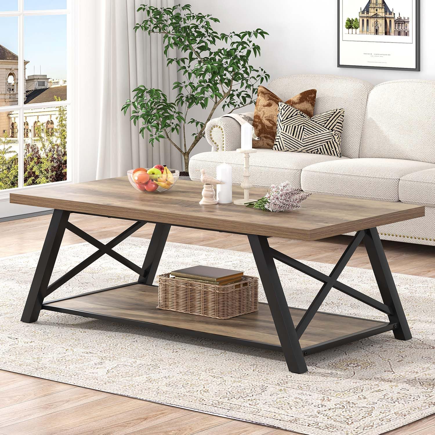 EXCEFUR Modern Coffee Table, Rectangle Center Table for Living Room with Storage Shelf, Industrial Wood and Metal Cocktail Tea Table, Rustic Oak, 47 Inch