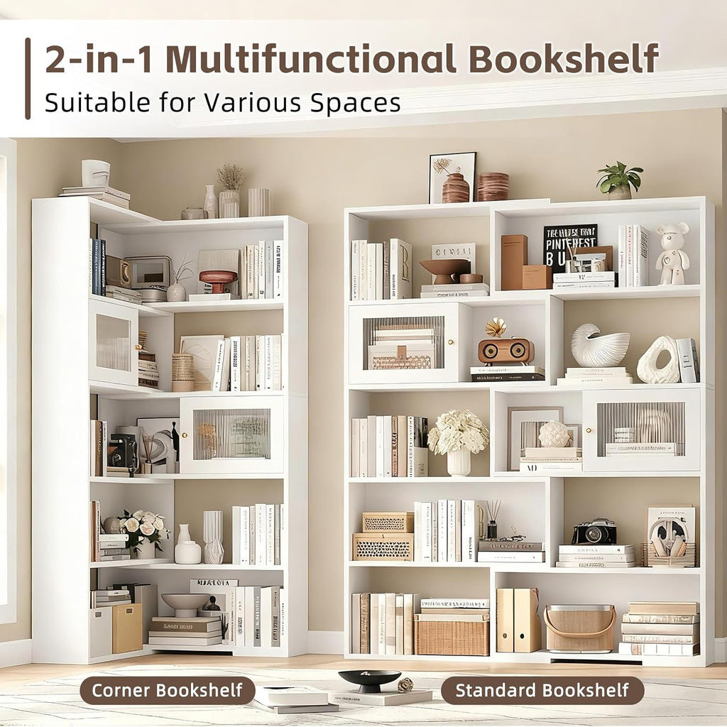 2-in-1 Expandable Bookshelf, Adjustable Width Bookcase with Sliding Doors, Freestanding Corner or Standard Shelf Organizer, Tall Storage Display Unit for Living Room, Bedroom, Office