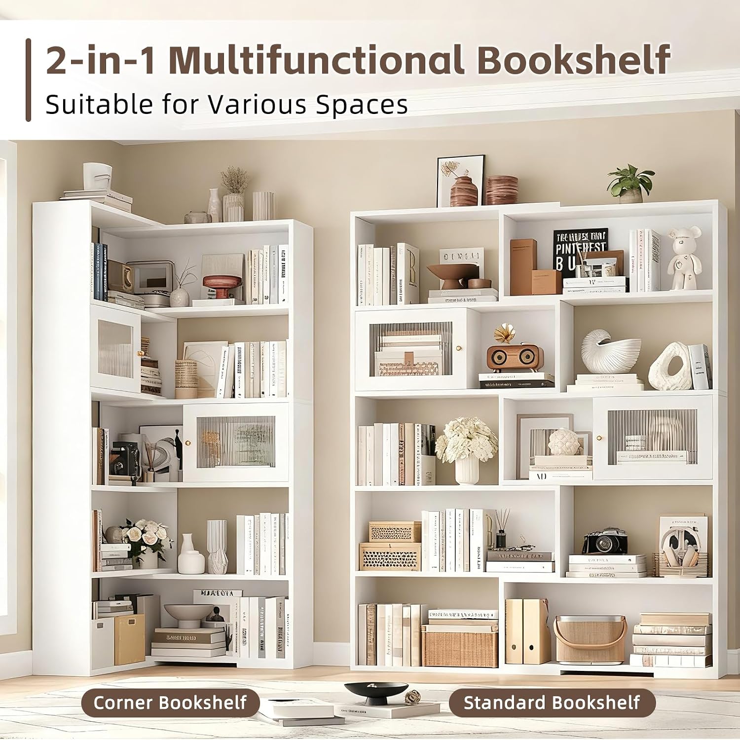 2-in-1 Expandable Bookshelf, Adjustable Width Bookcase with Sliding Doors, Freestanding Corner or Standard Shelf Organizer, Tall Storage Display Unit for Living Room, Bedroom, Office