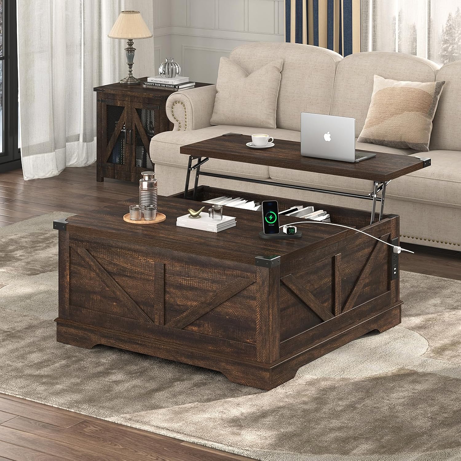 Hlivelood 40' Large Farmhouse Lift Top Coffee Table with Power Outlets and Large Hidden Storage, Square Wood Living Room Tables, Multi-Function Lift Wooden Barn Door Center Table, Brown