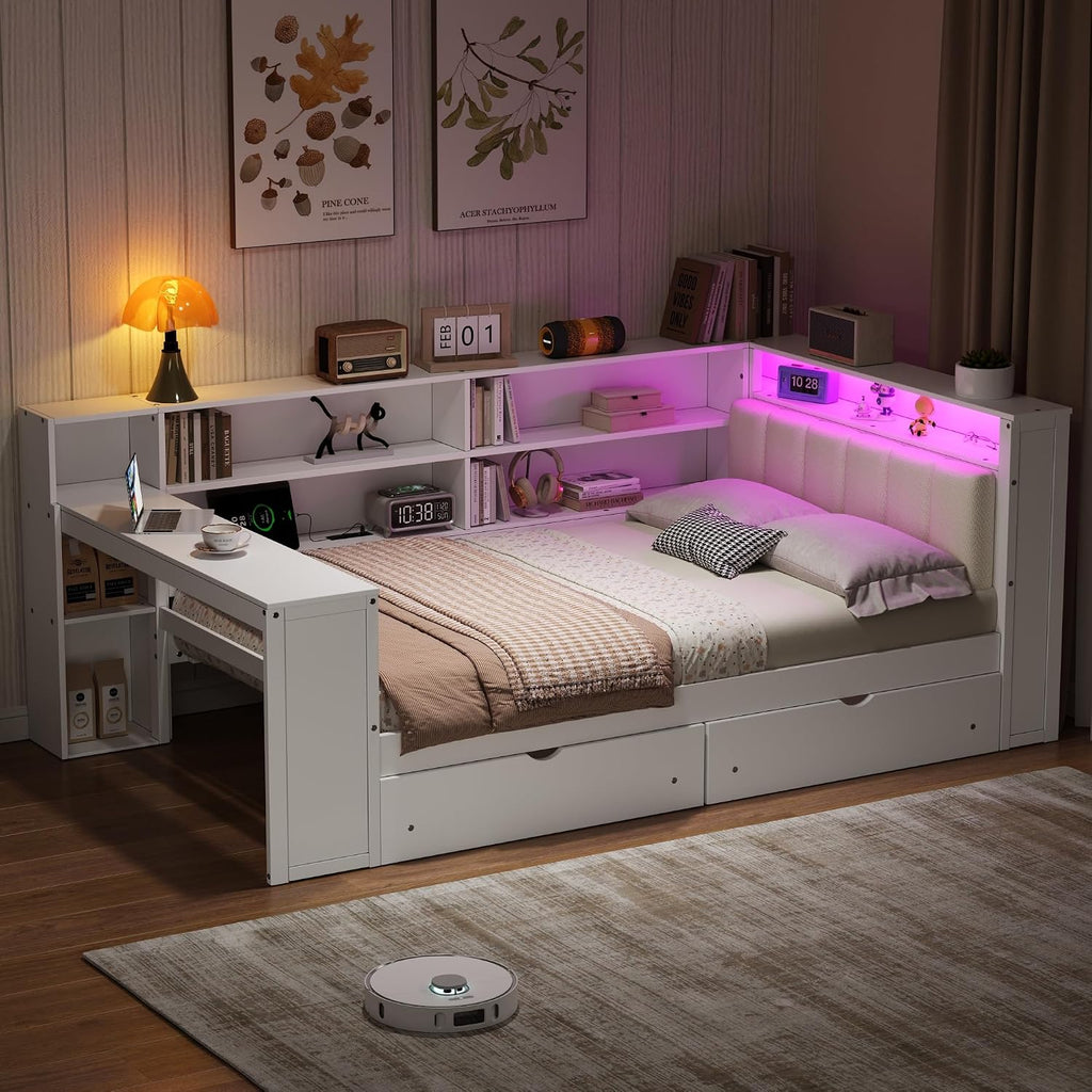 Wood Full Size Daybed with Storage Shelves and Desk, L-Shaped Corner Platform Bed Frame with Upholstered Headboard and 2 Drawers for Office Living Room Bedroom, Space-saving (White-7.16, Full)