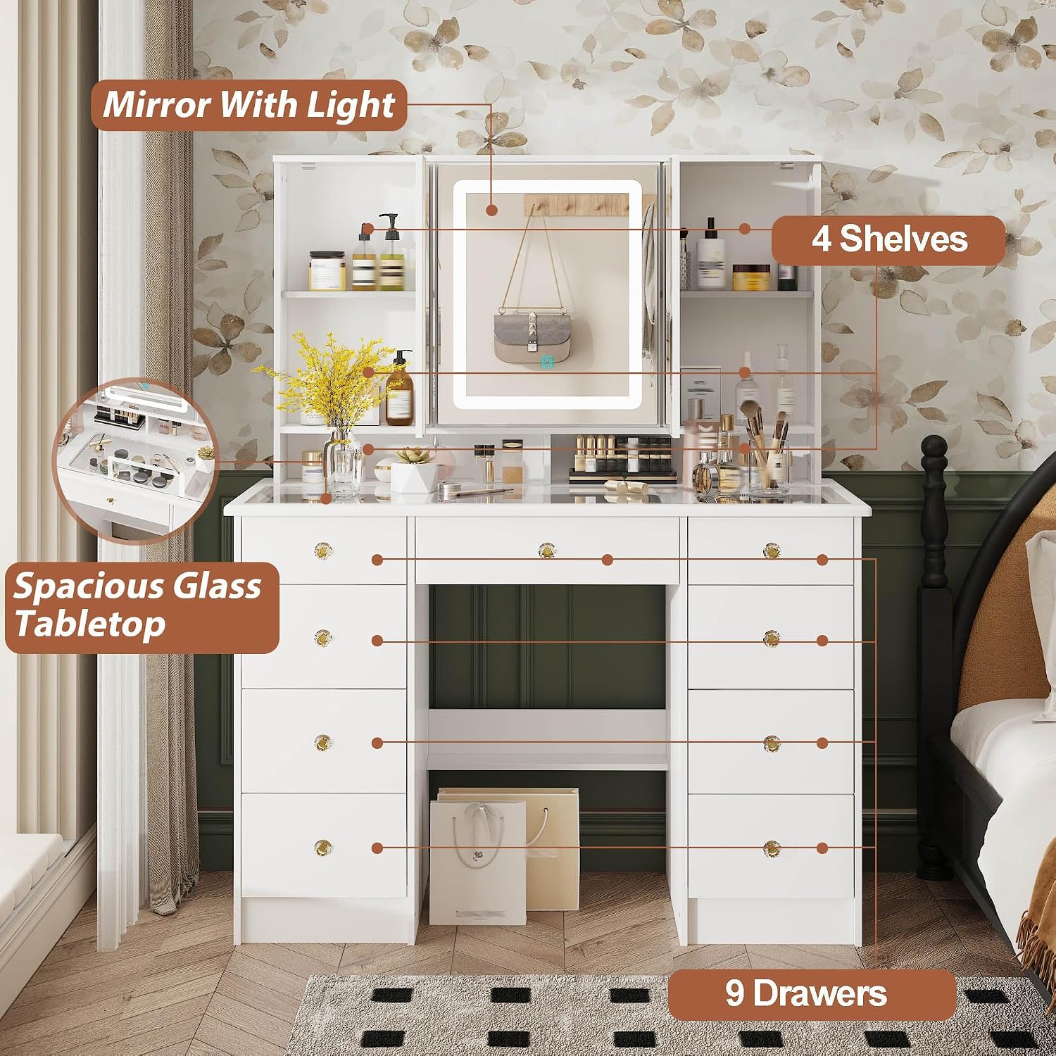 Timechee Vanity Mirror with Lights, Corner Vanity Desk with 9 Storage Drawers, 4 Large Shelves, 3 Color Lighting Options, Vanity Mirror Desk, Makeup Vanity Set for Bedroom,Glass Tabletop, White