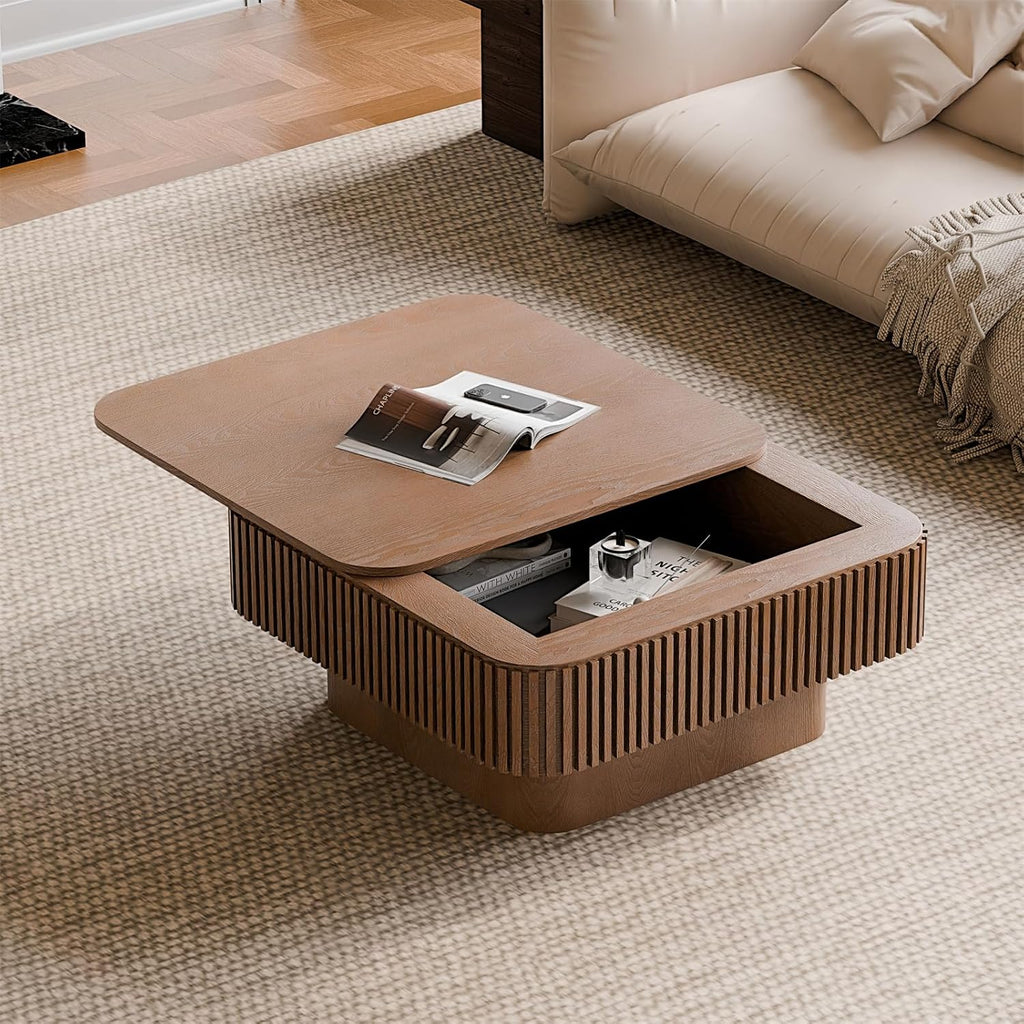 Square Coffee Table for Living Room,Fluted Drum Accent Tea Center Table with Storage,Solid Wood Modern Coffee Tables for Small Space Office Apartment (31.5' L×31.5''W×14''H-Walnut)