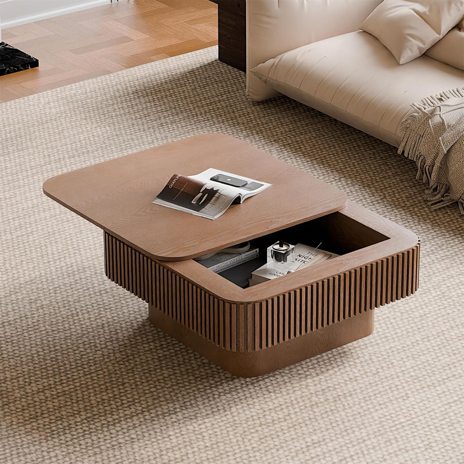 Square Coffee Table for Living Room,Fluted Drum Accent Tea Center Table with Storage,Solid Wood Modern Coffee Tables for Small Space Office Apartment (31.5' L×31.5''W×14''H-Walnut)