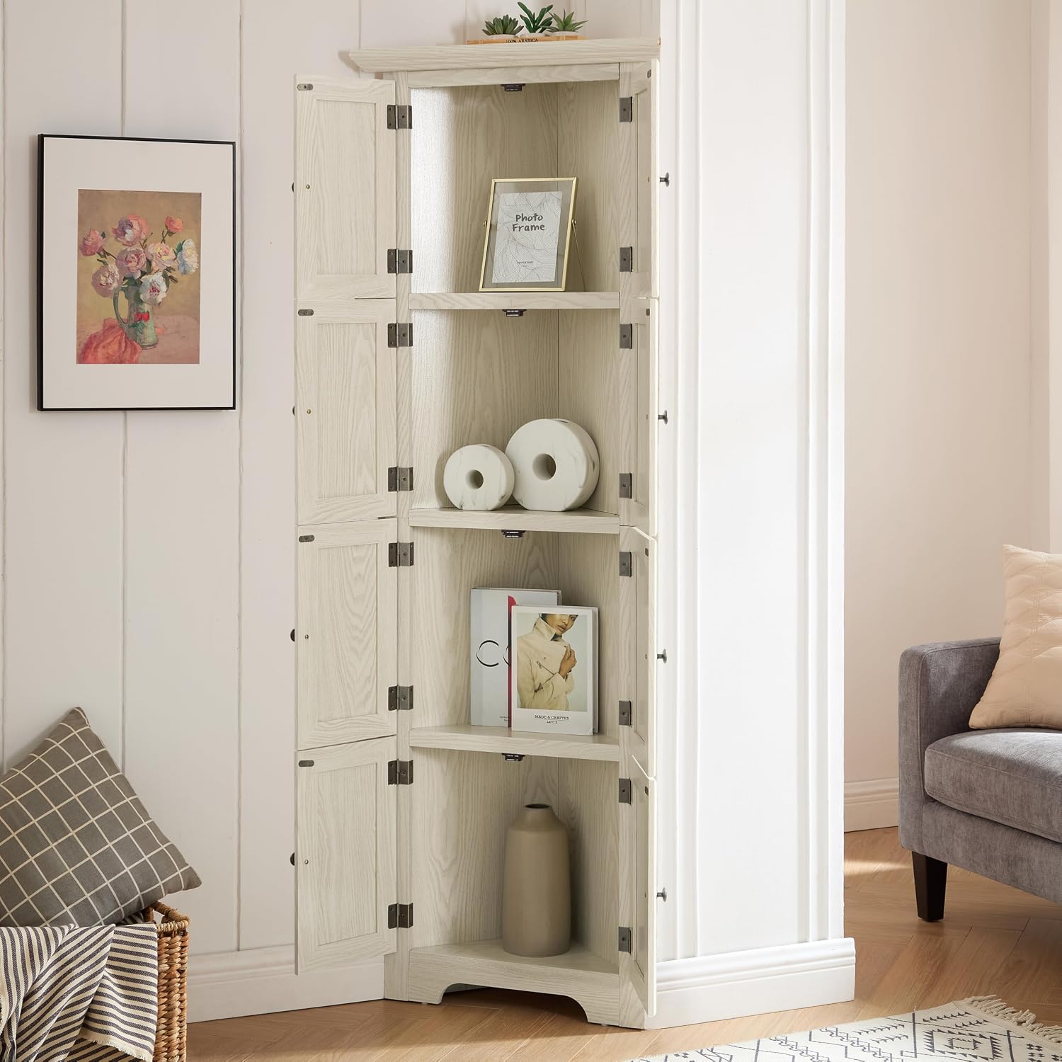 Tall Corner Bookcase Storage Cabinet with Doors and 4 Shelves, Freestanding Triangle Cabinet for Living Room, Kitchen, Office, Small Space, Floor Corner Storage Rack (White)