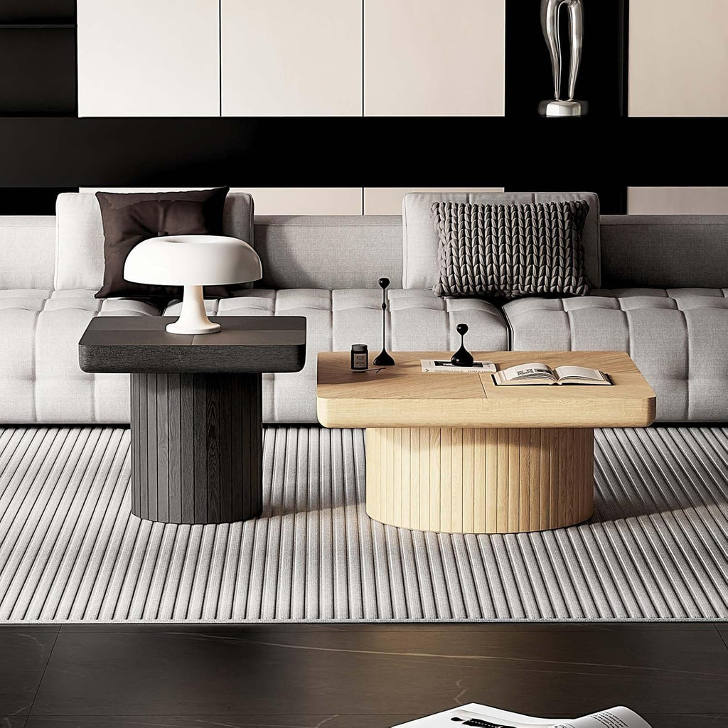 Modern Square Nesting Coffee Table Set, 2-Piece Coffee Tables with Cylindrical & Fluted Pedestal, Minimalist Center Table & Side Table for Wabi-Sabi Decor for Living Room Apartment, Natural+Black