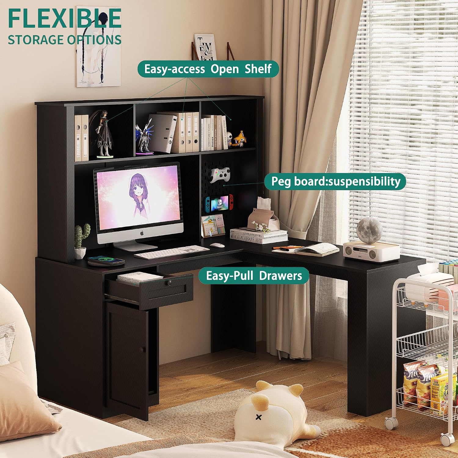 Black L-Shaped Home Office Desk with Hutch & Drawers, Modern Corner Desk with Bookshelf, Wood Study Writing Table Gaming Computer Desk for Bedroom, Home