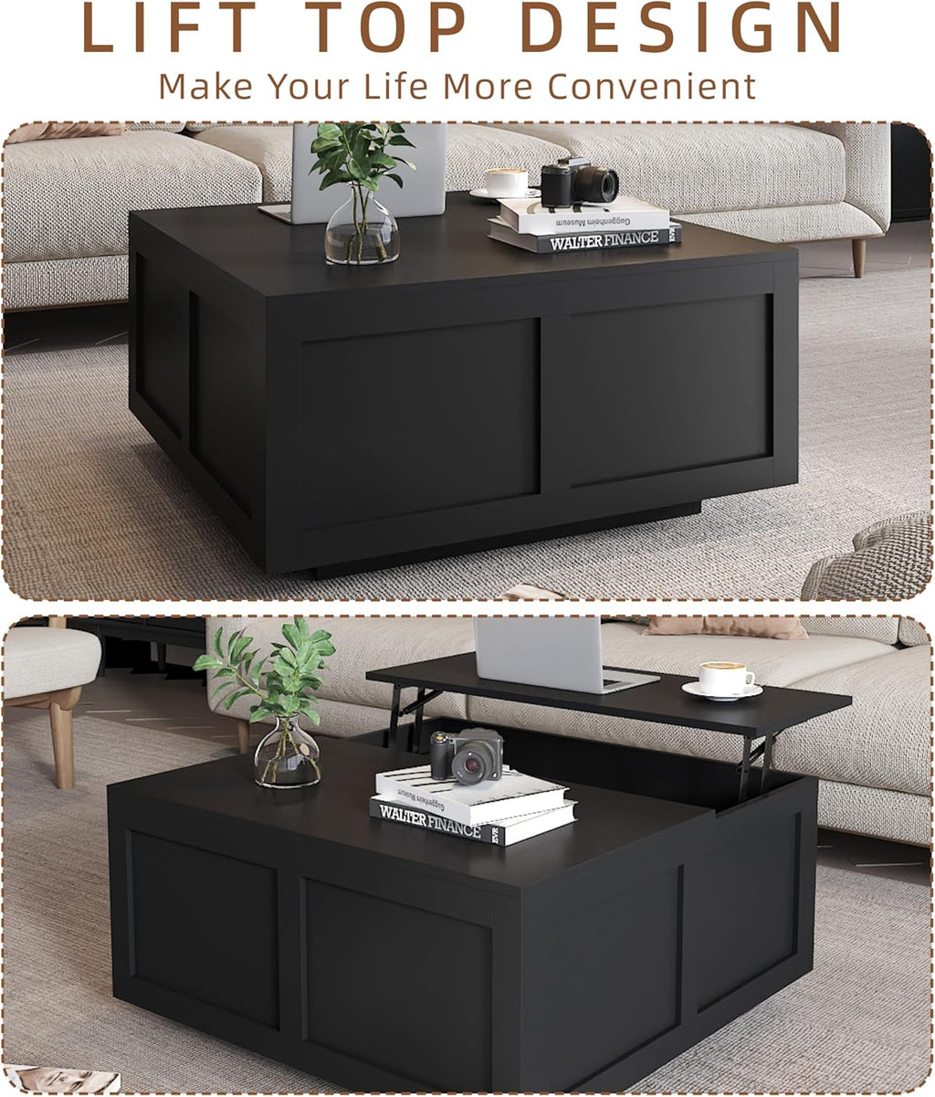 HedoAjim Lift Top Coffee Table with Storage, 31.5' Square Black Coffee Table with Large Hidden Storage, Wood Living Room Table Center Table for Living Room Dining Reception Room