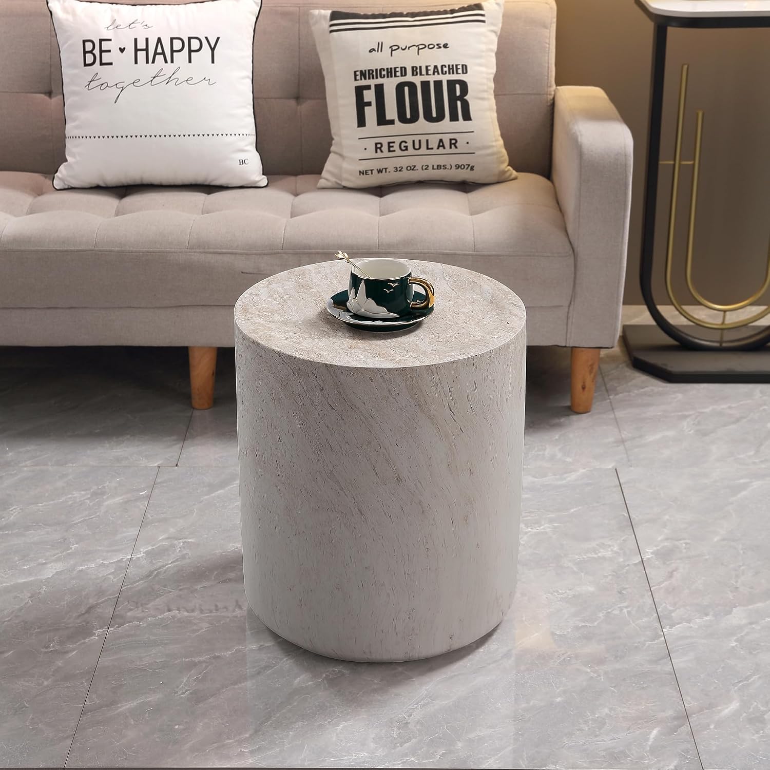 WILLIAMSPACE 15.75' Round End Table in Faux Marble, Modern Circle Drum Stone Side Table Travertine Small Coffee Table for Living Room, Outdoor, Magnesium Oxide, No Need Assembly, Light Beige