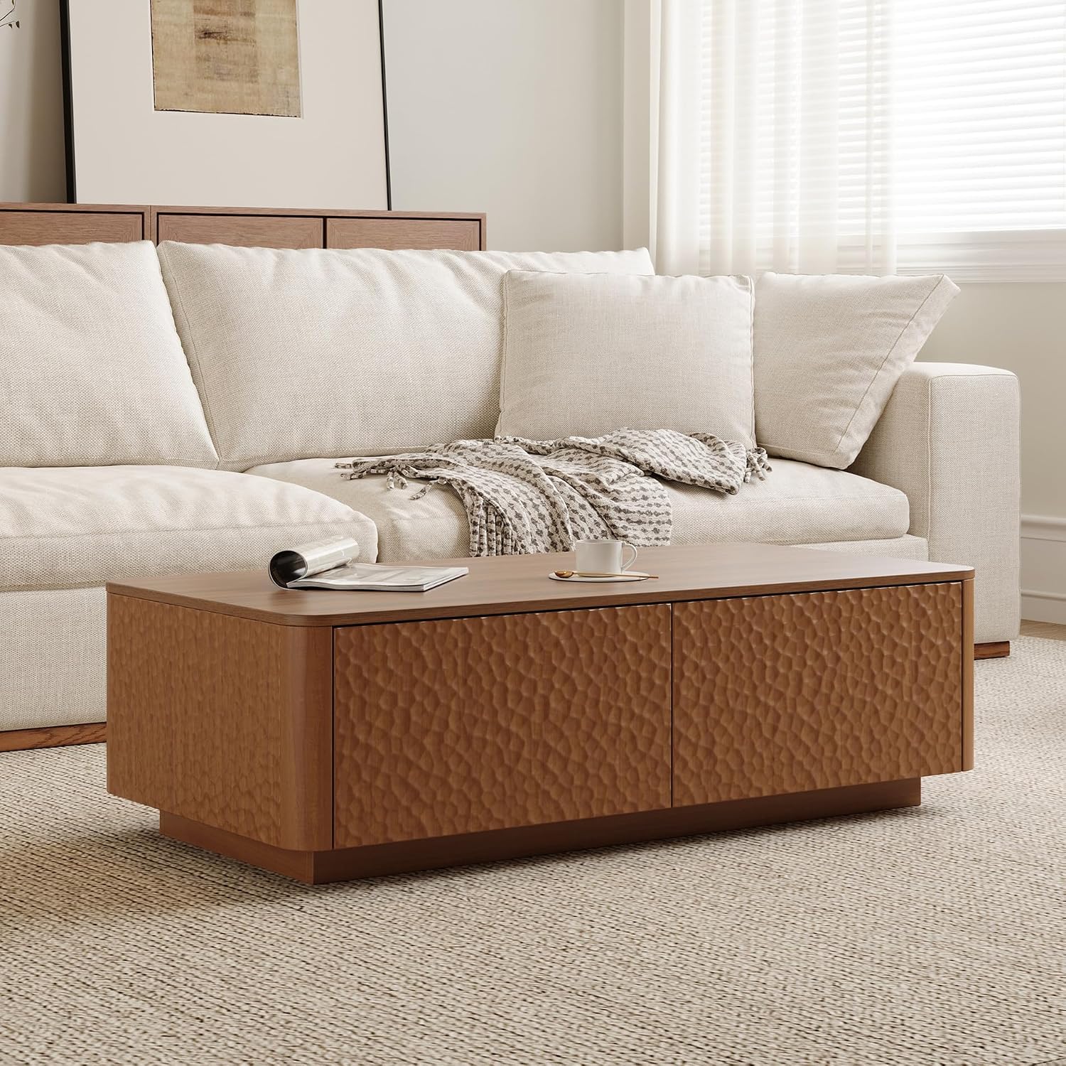SSLine 47.2' Hammered Wood Coffee Table with 2 Storage Drawers, Modern Rectangle Center Table with Curved Edges & Textured Finish for Living Room Home Office,Brown