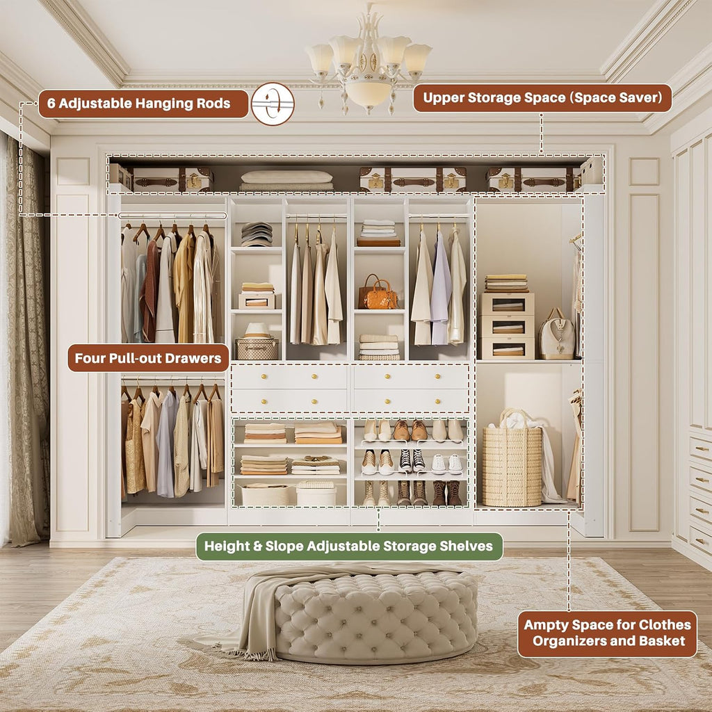 Besiost Closet System with 4 Drawers & Corner Tower, Closet Organizer System with 4 Hanging Robs, Reversible U Shaped Walk-in Closet System, Load 2600+LBS Capacity, Set of 4, Greige Oak
