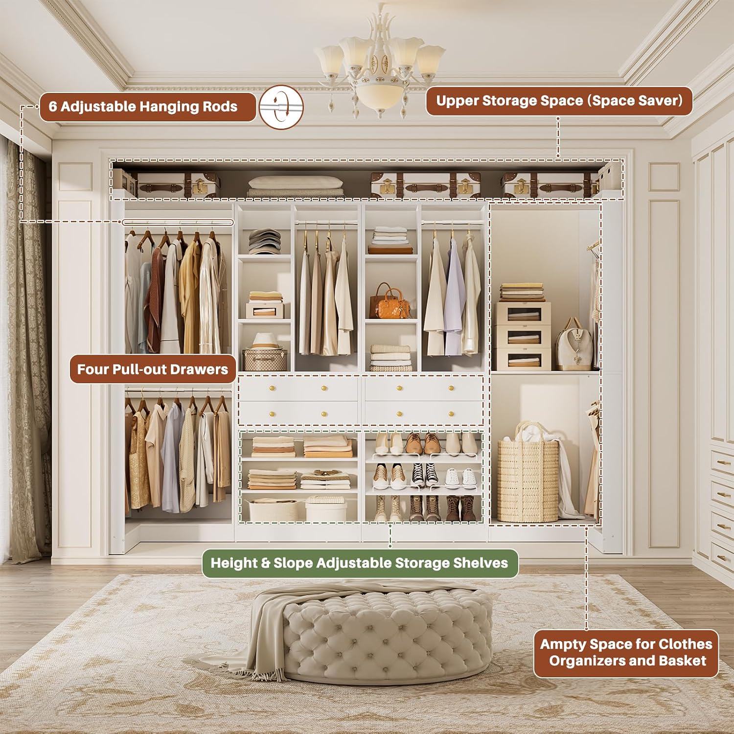 Besiost Closet System with 4 Drawers & Corner Tower, Closet Organizer System with 4 Hanging Robs, Reversible U Shaped Walk-in Closet System, Load 2600+LBS Capacity, Set of 4, Greige Oak