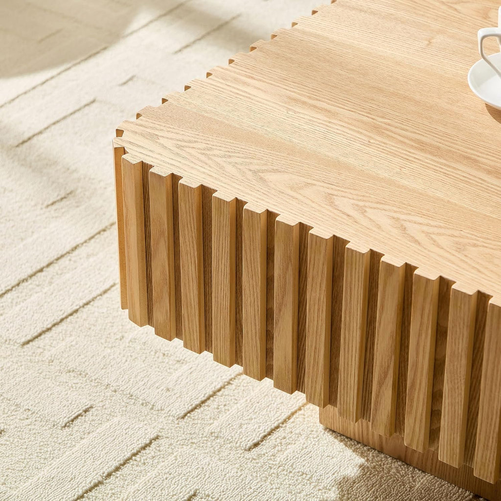 35.43''Square Coffee Table for Living Room Wood Fluted Coffee Table Modern Center Tables with Solid Wooden Pedestal for Apartment (Natural Wood)