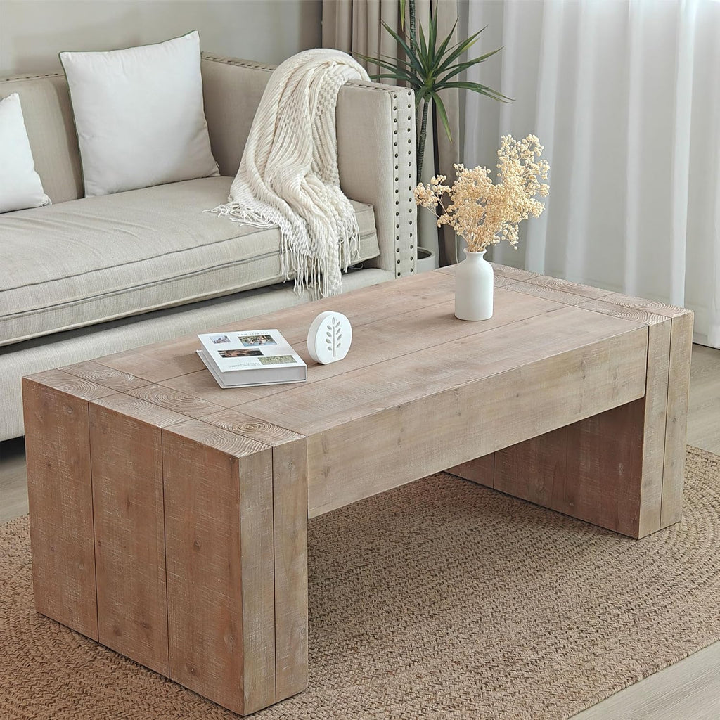 SSLine Antique Wood Coffee Table Farmhouse 49.4' Rectangular Cocktail Center Table for Living Room Thicken Fir Wood Table Top Coffee Table (Distressed Brown)