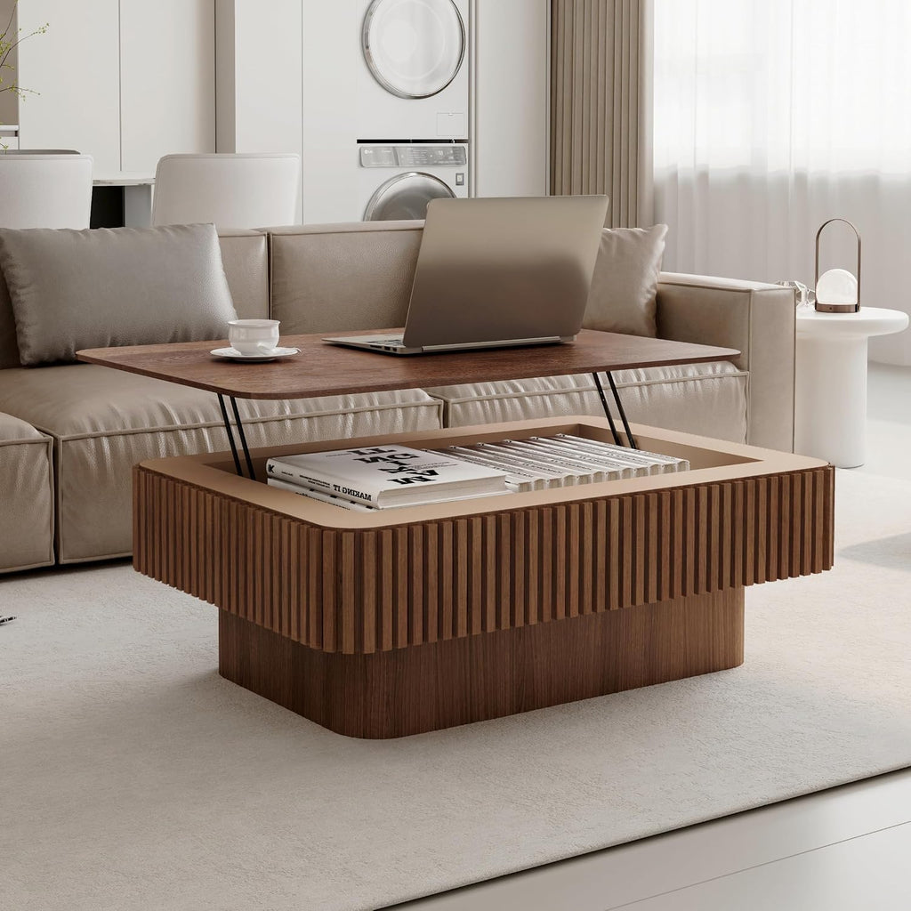 38.6'' Lift-top Coffee Table Solid Wood Veneered Center Table Rectangular Fluted Table with Storage and Adjustable Height for Living Room Apartment Office, Walnut