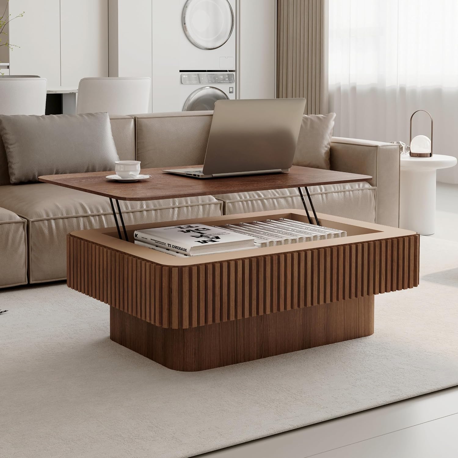 38.6'' Lift-top Coffee Table Solid Wood Veneered Center Table Rectangular Fluted Table with Storage and Adjustable Height for Living Room Apartment Office, Walnut