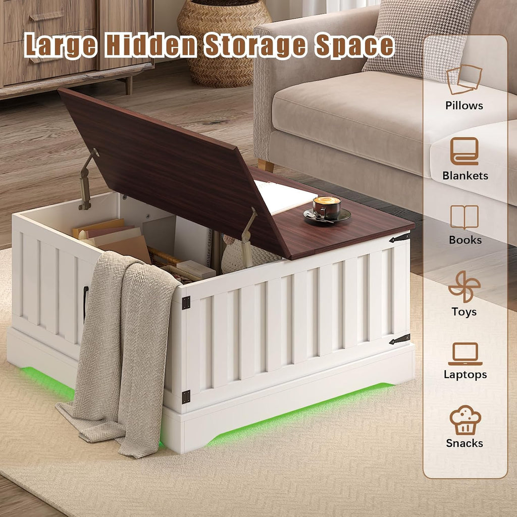 Square Lift Top Coffee Table with Storage, White Brown Led Coffee Table for Living Room with Large Hidden Storage, 30.7' Wood Table Led Center Table for Dining Reception Room