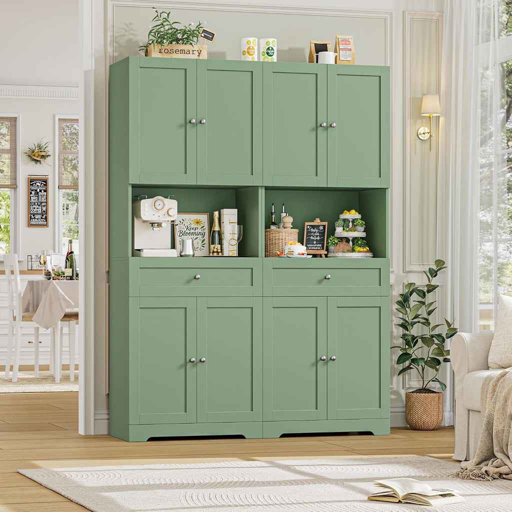 Tall Bathroom Storage Cabinets with Drawer, Modern Linen Cabinet with Doors & Shelves, 67'H Tall Storage Cabinet Freestanding for Bathroom, Dining Room, Kitchen & Pantry, Laundry, Narrow Corner, Green