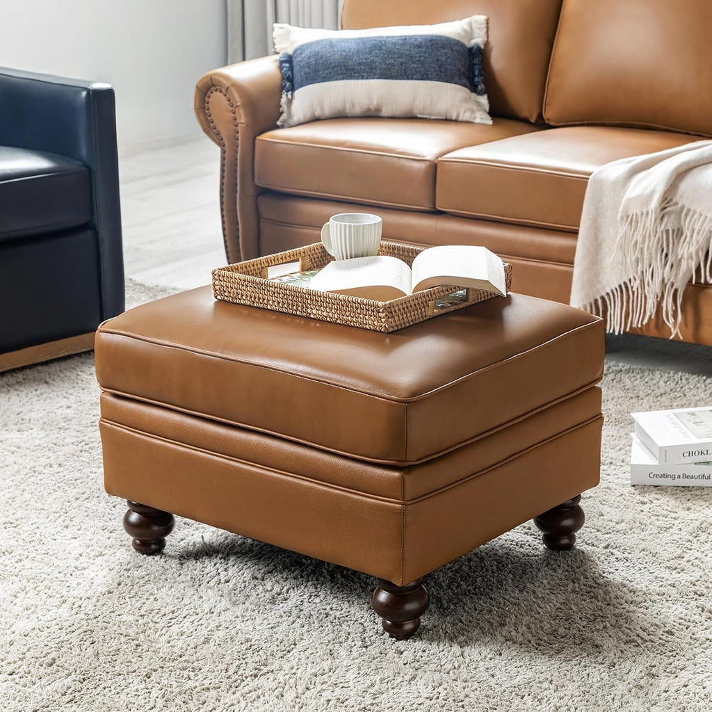 HULALA HOME Genuine Leather Ottoman Coffee Table, Ottoman Foot Rest for Living Room, Camel