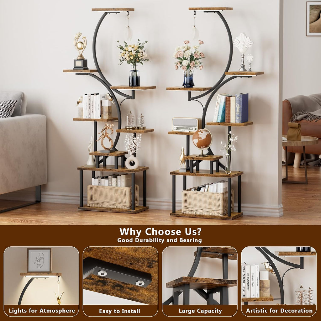 Bookshelf with Lights, 2 Pack Ladder Shelf, 62' Tall Corner Book Shelf, 8 Tier Arched Home Storage Bookcase, Unique Display Book Organizer for Collectibles, Modern Libreros for Livingroom Beedroom
