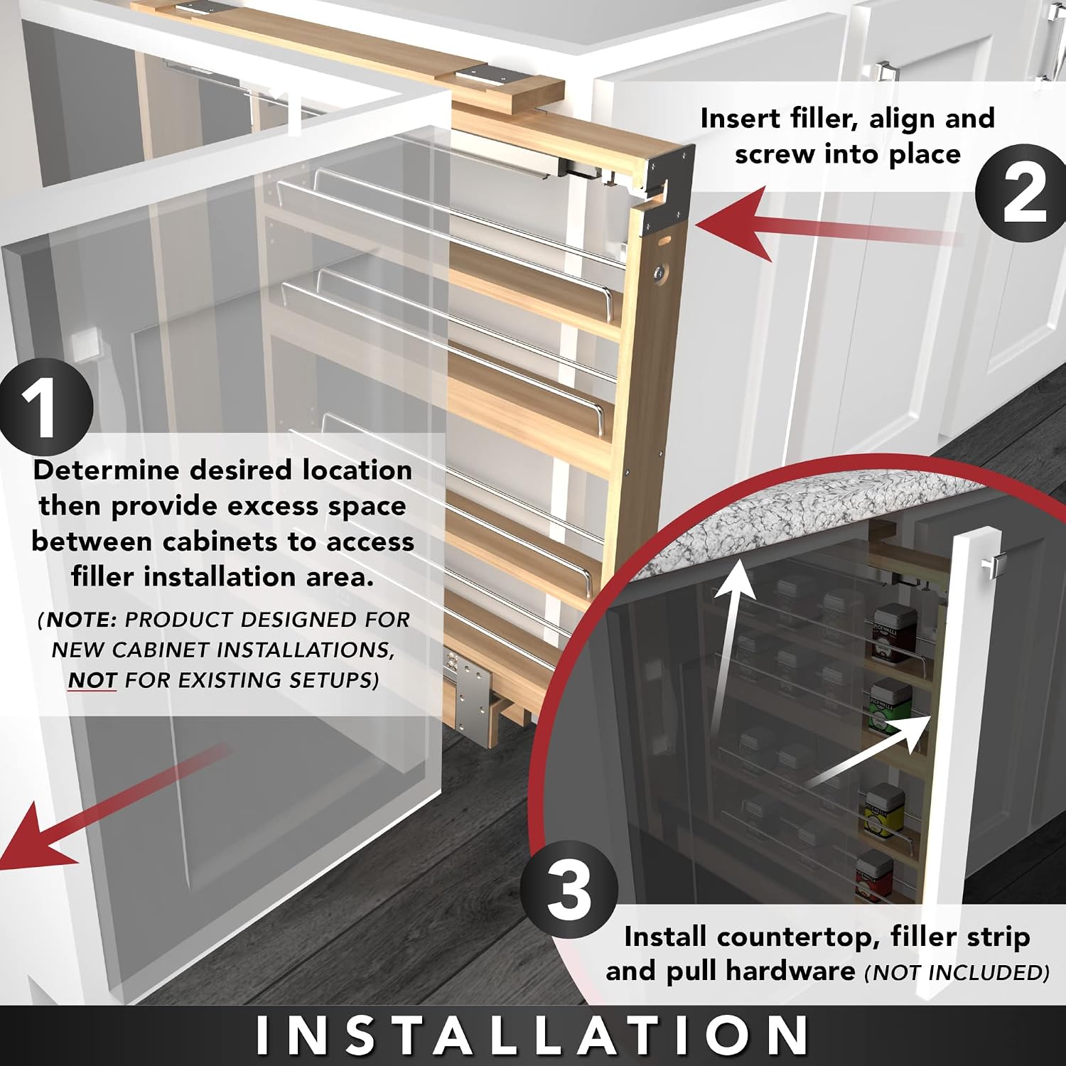 Rev-A-Shelf Pullout Shelf Organizer for Base Kitchen or Bathroom Cabinets, Wood Filler Pantry Storage or Spice Rack, Maple, 9' x 23' x 30', 432-BF-9C