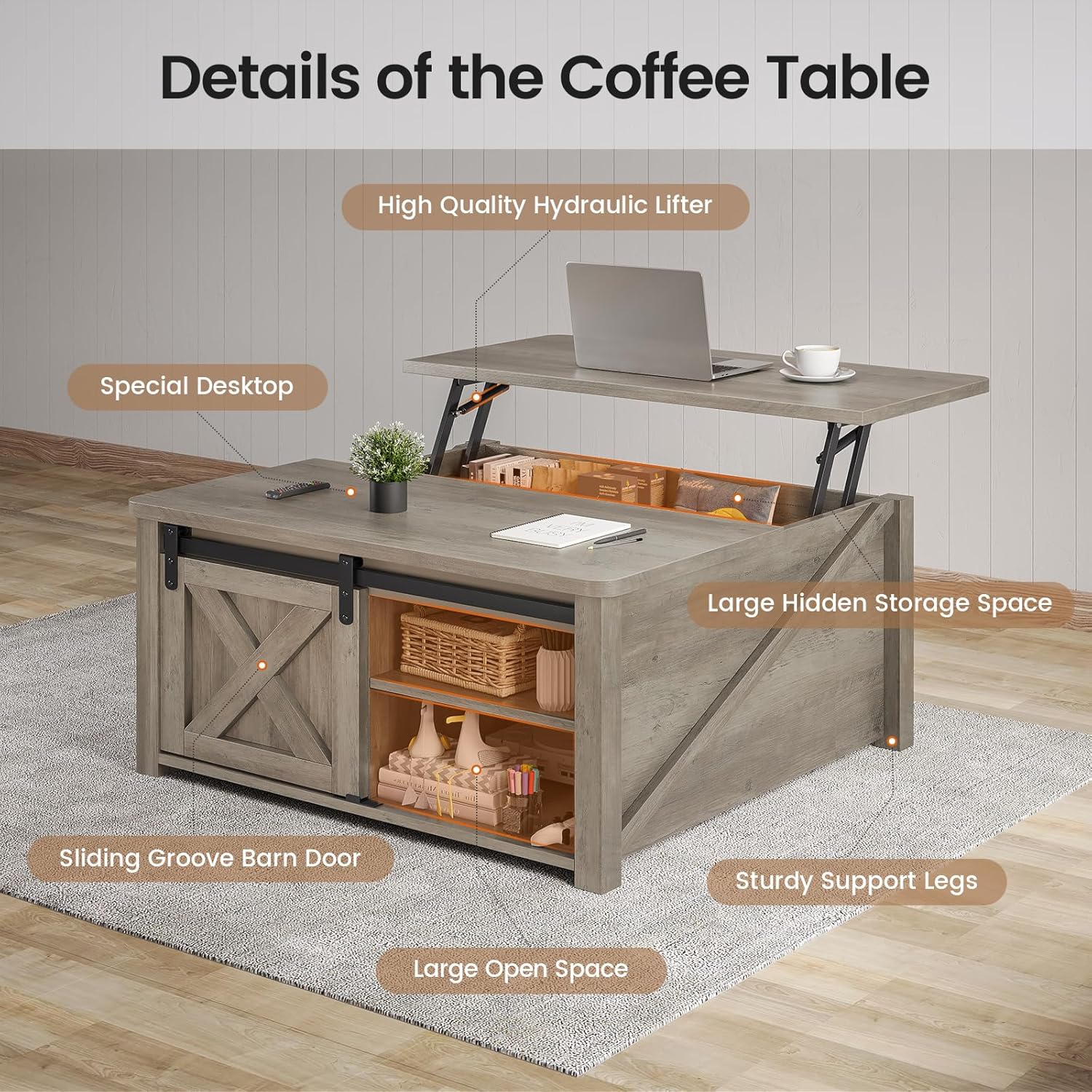 SEDETA 31.5' Lift Top Coffee Table with Storage, Square Coffee Tables for Living Room, Farmhouse Coffee Table with Large Hidden Storage Compartment and Adjustable Shelves, Grey
