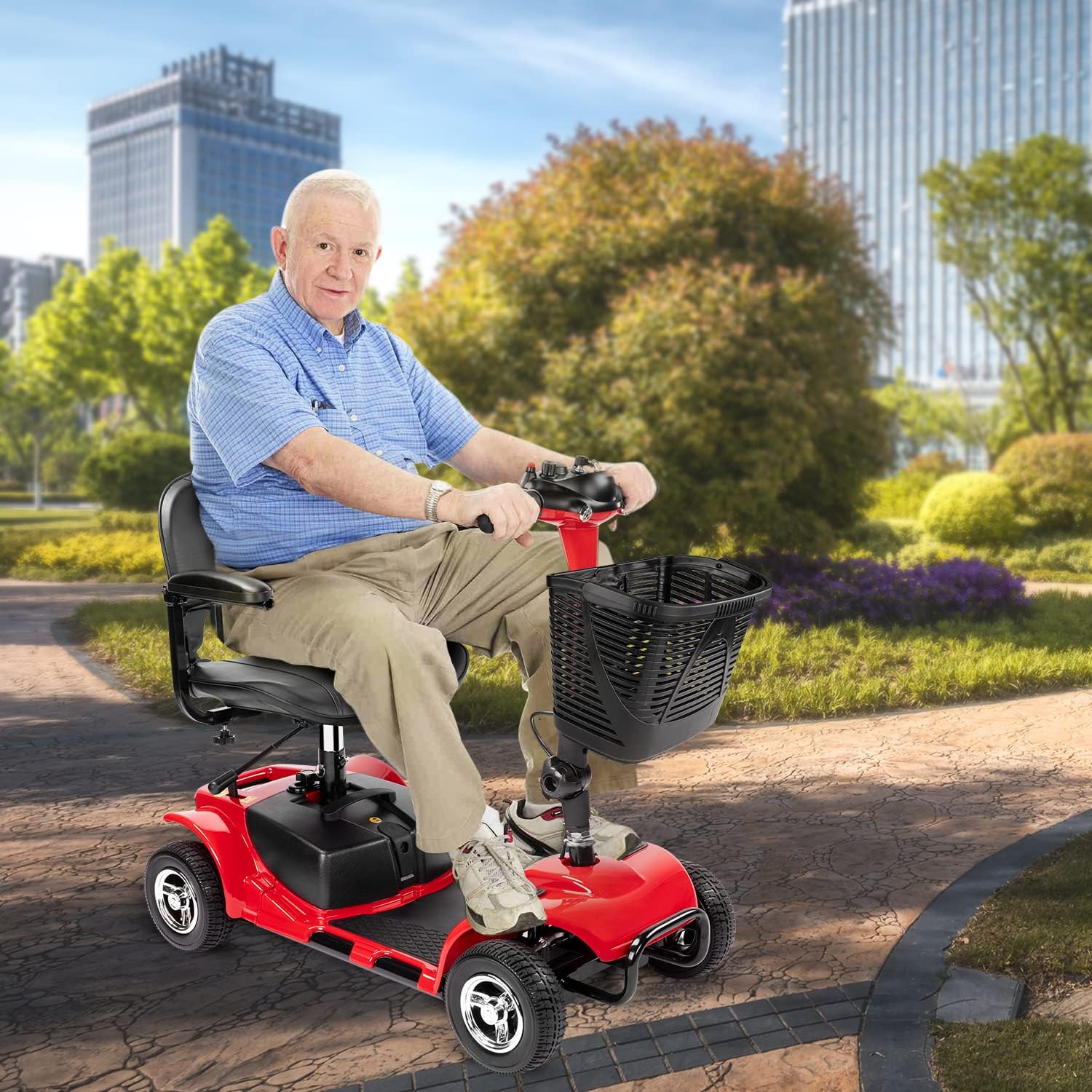 4 Wheel Mobility Scooter, Electric Power Mobile Wheelchair for Seniors Adult with Lights- Collapsible and Compact Duty Travel Scooter w/Basket Extended Battery Red Light Red
