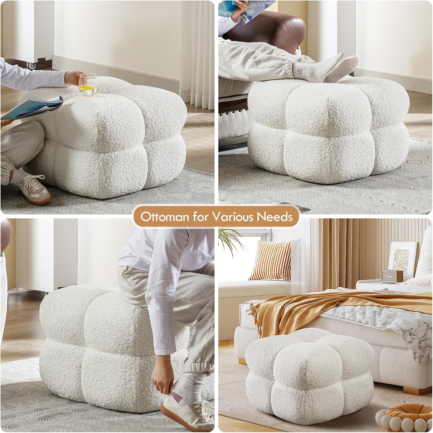 ONEVOG 21' Cream White Modern Ottoman, Square Fuzzy Couch Sherpa Pouf Ottoman, Tufted Fluffy Boucle Fabric Foot Stools, Upholsered Footrest & Coffee Table for Living Room Bedroom, Cute Pouf Home Decor