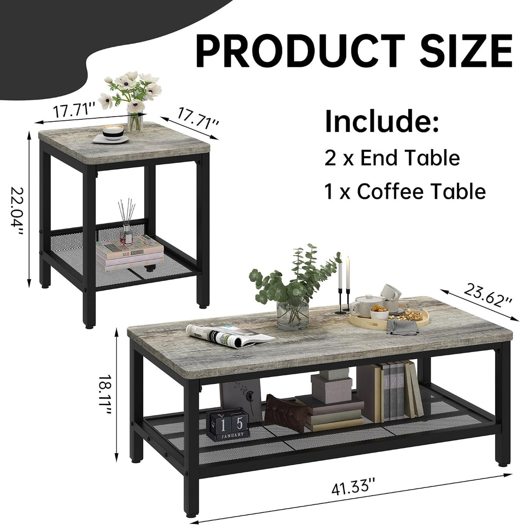 furlinkhm Coffee Table Set of 3, Industrial Coffee Table with 2 Square End Side Tables, Modern Living Room Table Set, with Metal Frame, for Apartment Home Office, Grey