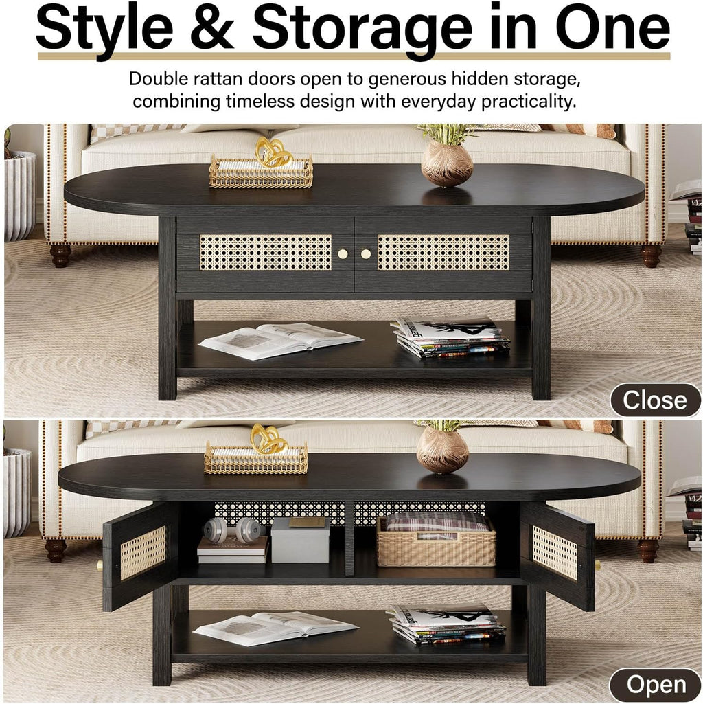 LVB Rattan Coffee Table, Boho Wood Living Room Table with Storage, Oval Modern 2-Tier Cocktail Tea Table with Doors & Open Shelf, Farmhouse Vintage Center Tables for Bedroom Office, Black Oak, 47In