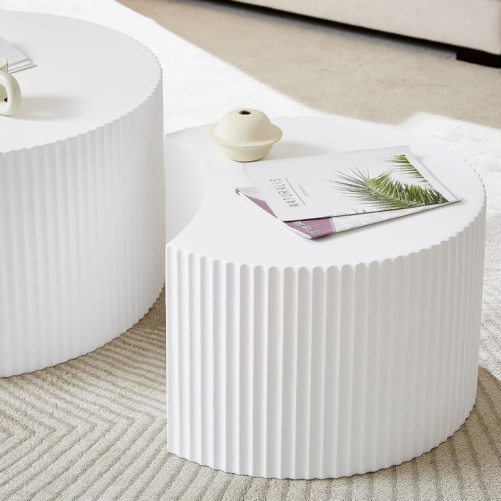 JUSTONE White Round Coffee Table Set of 2,Modern Luxury Nesting Coffee Table for Living Room,Wood Circle Drum Coffee Table for Small Spaces No Assembling (Matte White)