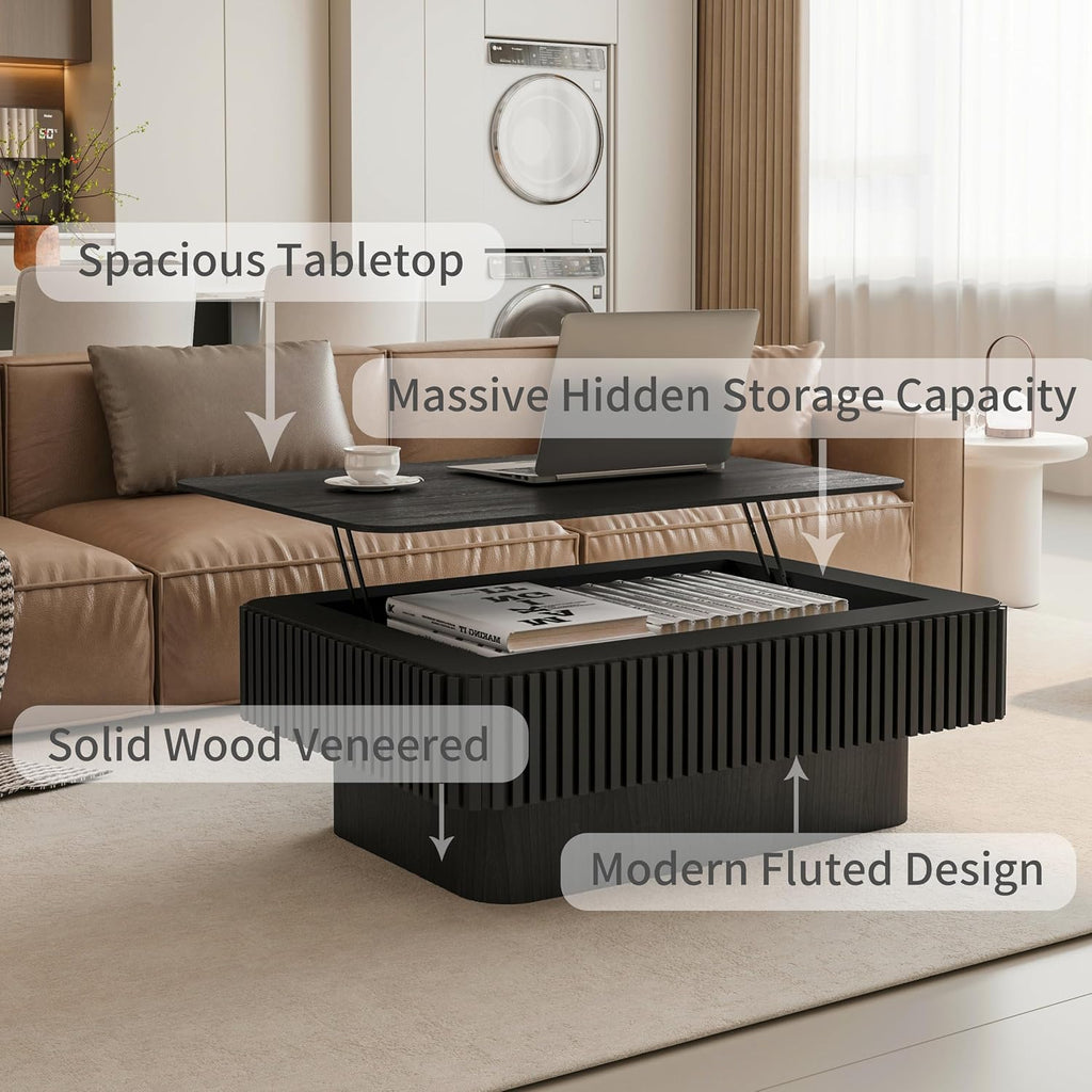 38.6'' Lift-top Coffee Table Solid Wood Veneered Center Table Rectangular Fluted Table with Storage and Adjustable Height for Living Room Apartment Office, Black