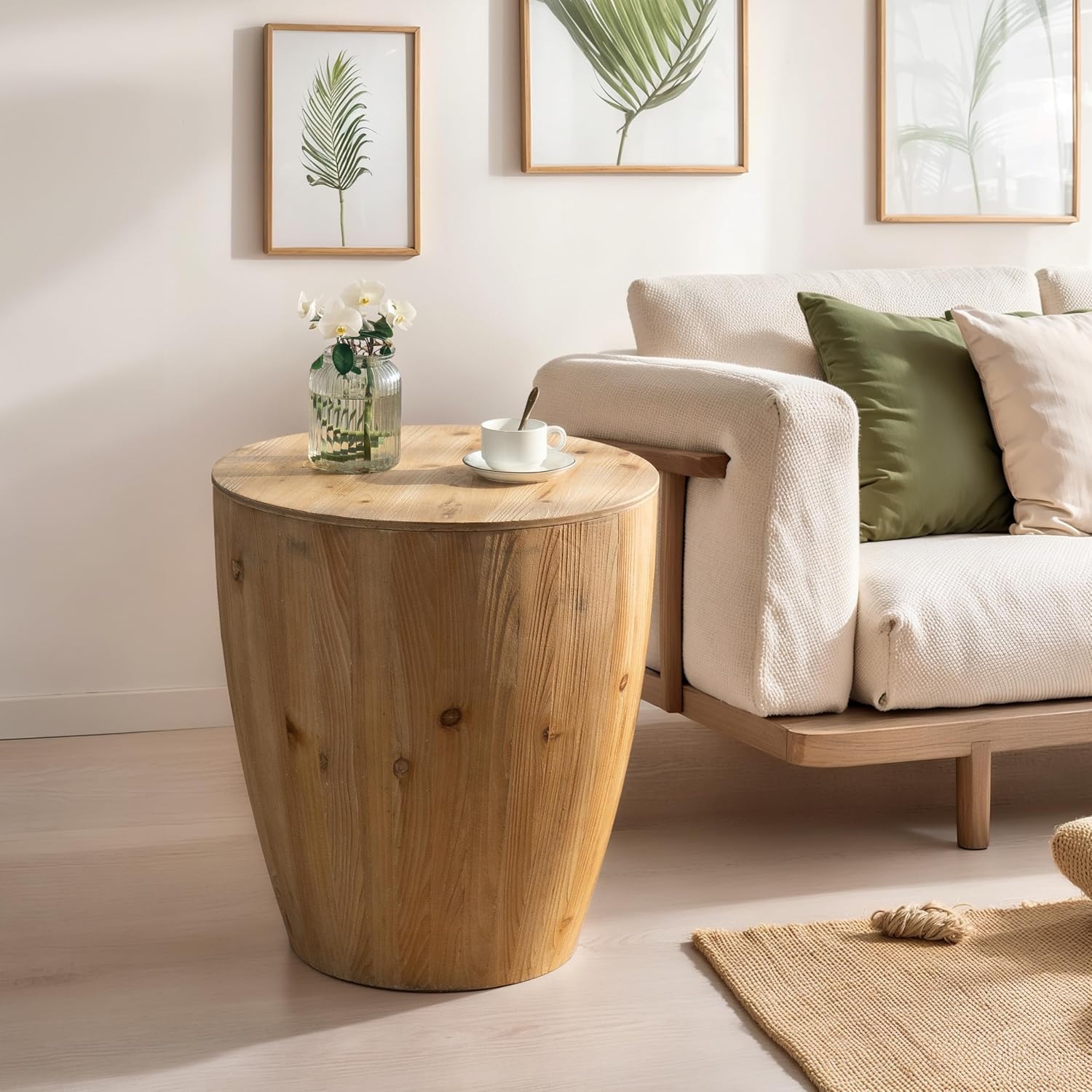 20.87' Vintage Wood Drum Bucket Shaped Coffee Table, Round Side End Table with Storage, Small Center Table for Living Room, No Need Assembly