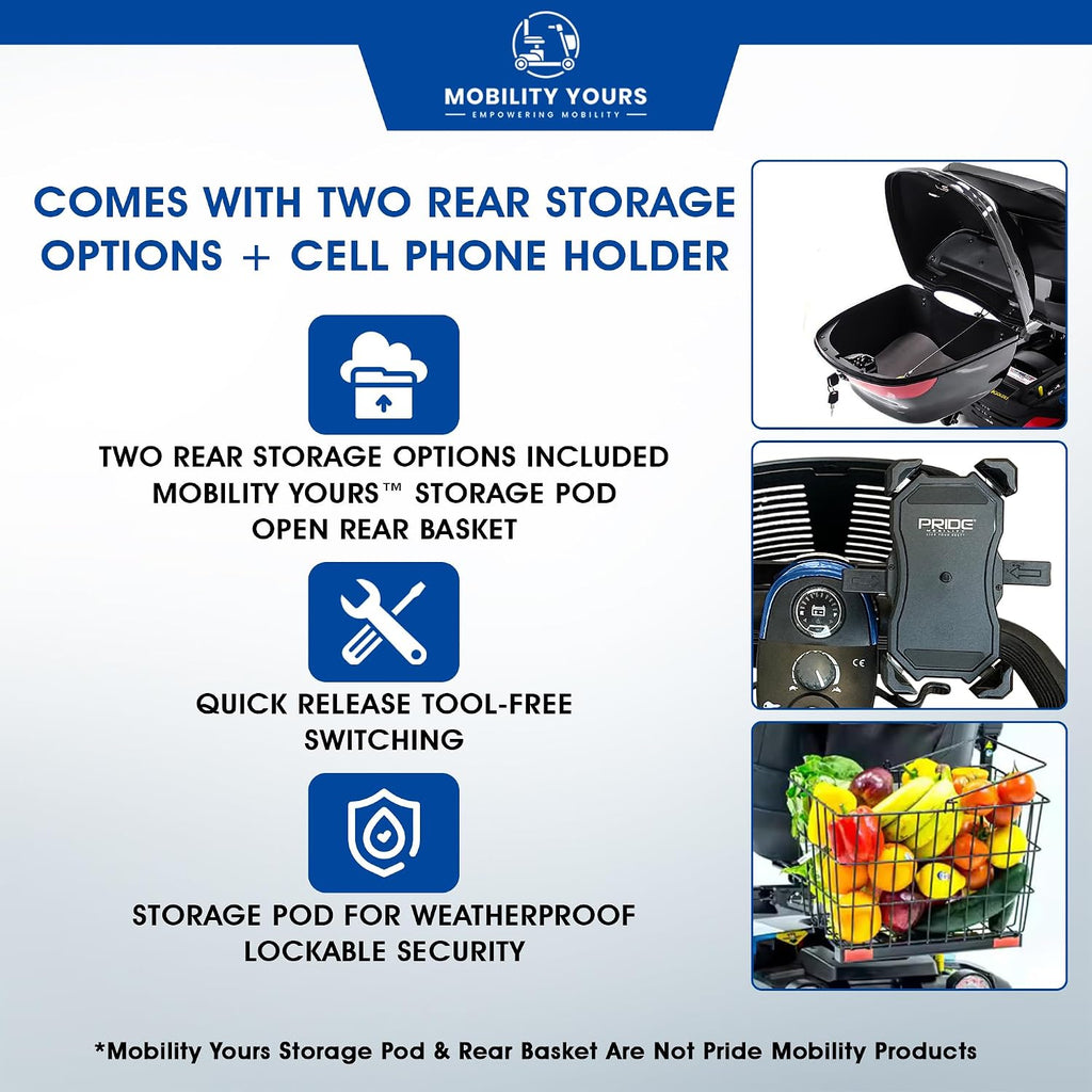 Pride Go Go Sport 4 Wheel Mobility Scooter + Lockable Storage Pod, Rear Basket, Cell Phone Mount, New Easy Turn Feature, LED Headlight, Foldable Seat, 325 Lbs Capacity, Warranty