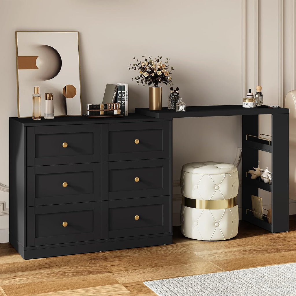 RoyalCraft Vanity Desk and Dresser Combo, 67' Extendable Big Makeup Vainty with 6 Drawer Dresser and 3 Side Shelves, Wood Corner Vanity for Bedroom, Dressing Table for Women Girlfriend, Black