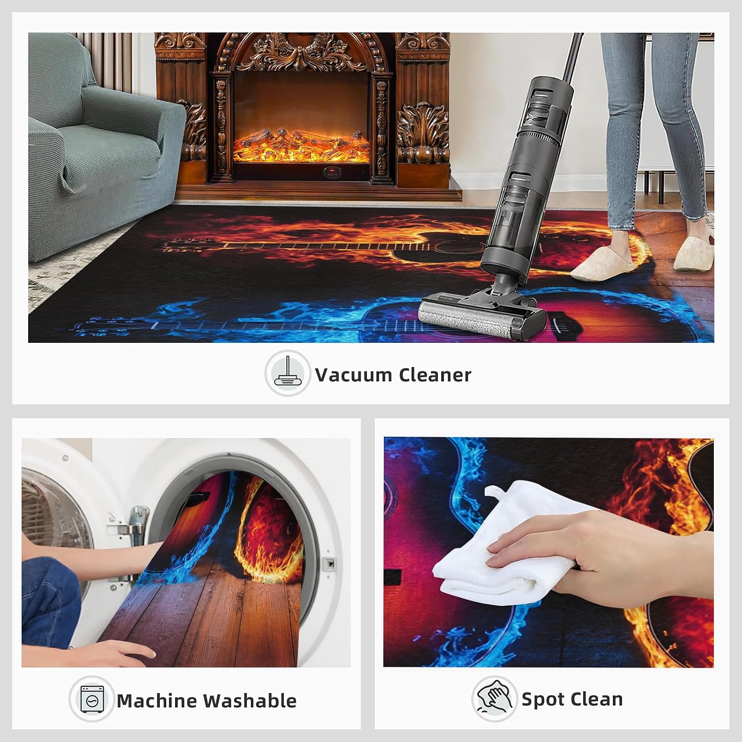 Guitar Rug 5x7-5x7 Rug, Ice and Fire Area Rugs for Living Room, Passion Rock Washable Area Mat for Bedroom, Musical Instrument Carpet, Boys Room Carpet - Guitar Home Decor & Gift
