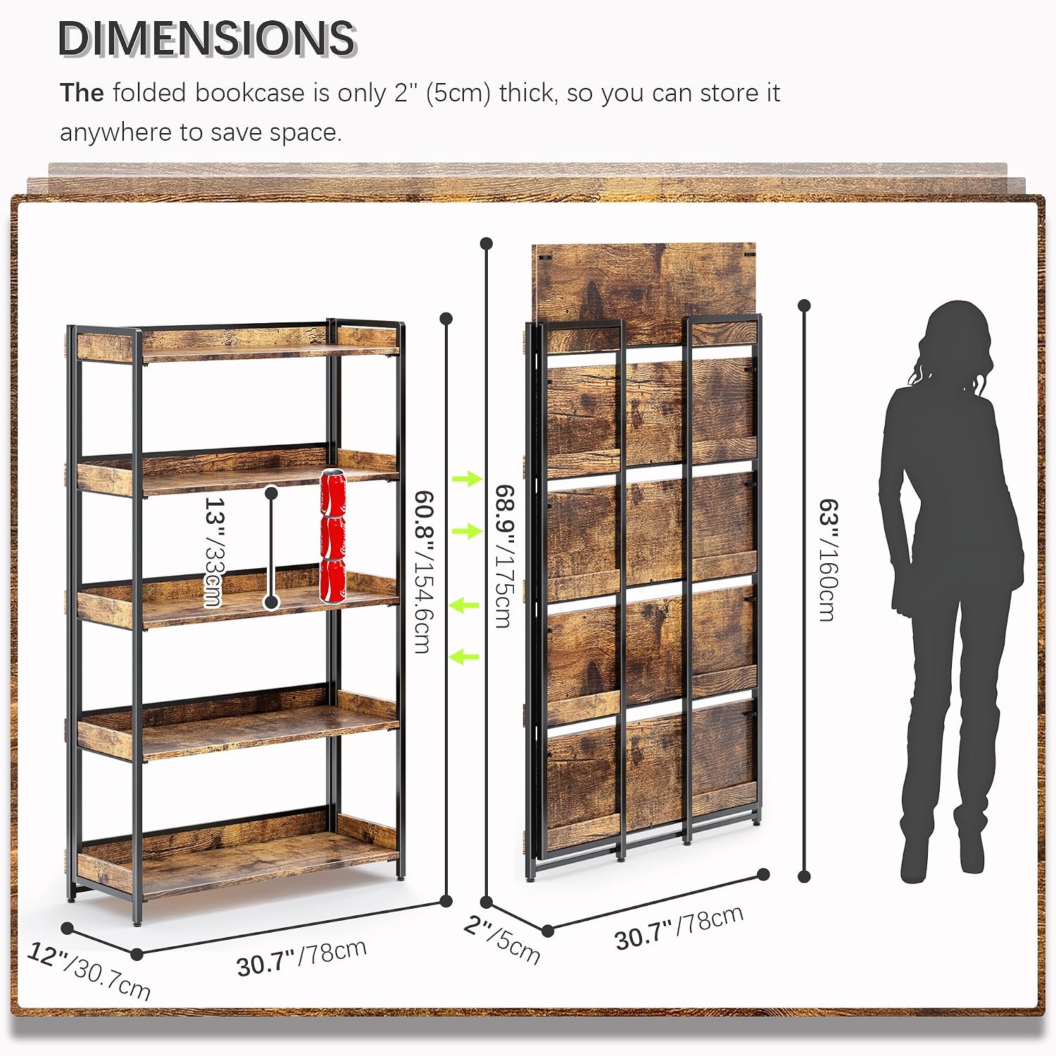 4NM Extra Wdie No Assembly Folding Bookshelf, 64.3' H x 30.9' W, 5 Tier Collapsible Book Shelf Bookcase Foldable Shelves for Bedroom Living Room Home Office - Rustic Brown & Black