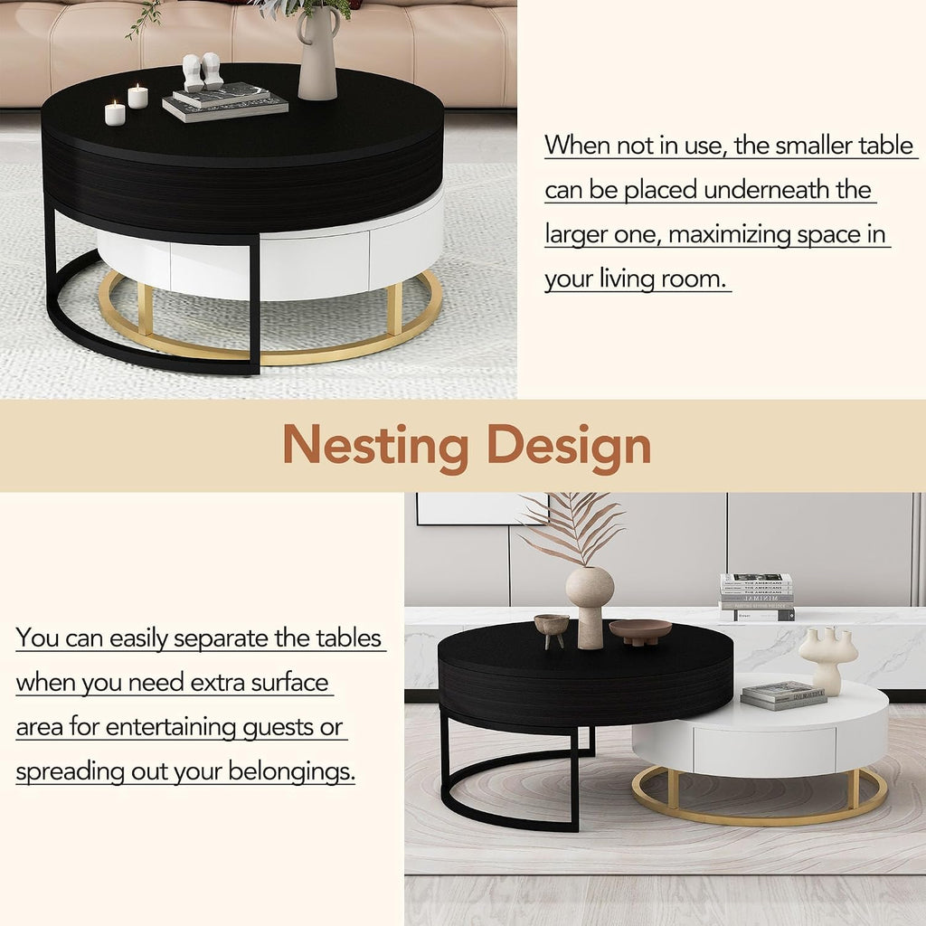 Modern Round Lift-top Nesting Coffee Tables with 2 Drawers for Living Room White & Black