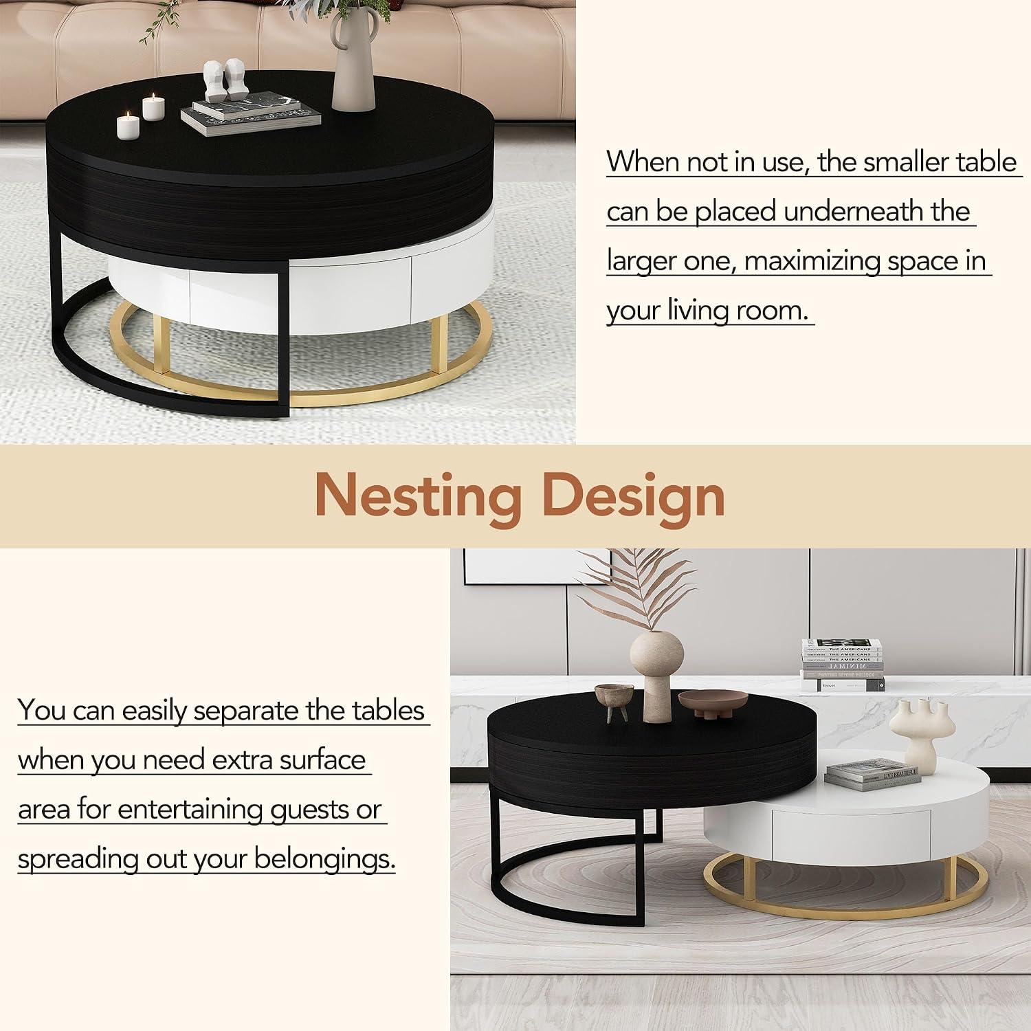 Modern Round Lift-top Nesting Coffee Tables with 2 Drawers for Living Room White & Black