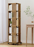 Baoz 60' Tall Rotating Bookshelf Tower, 5 Tier Walnut Spinning Bookcase | 360° Square Bamboo Revolving Book Shelf with 4 Wheels, Wood Narrow Book Case for Small Spaces, Floor Standing for Office