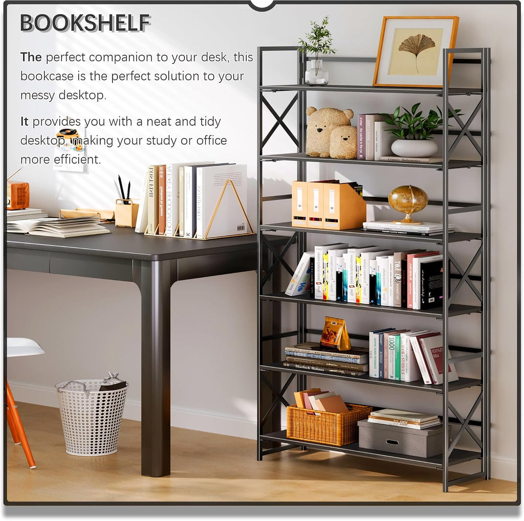 4NM Extra Wide 6 Tiers No Assembly Book Shelves, 61.8' H Folding Bookshelf Bookcase Open Industrial Foldable Shelves for Bedroom, Living Room, Home Office - All Black