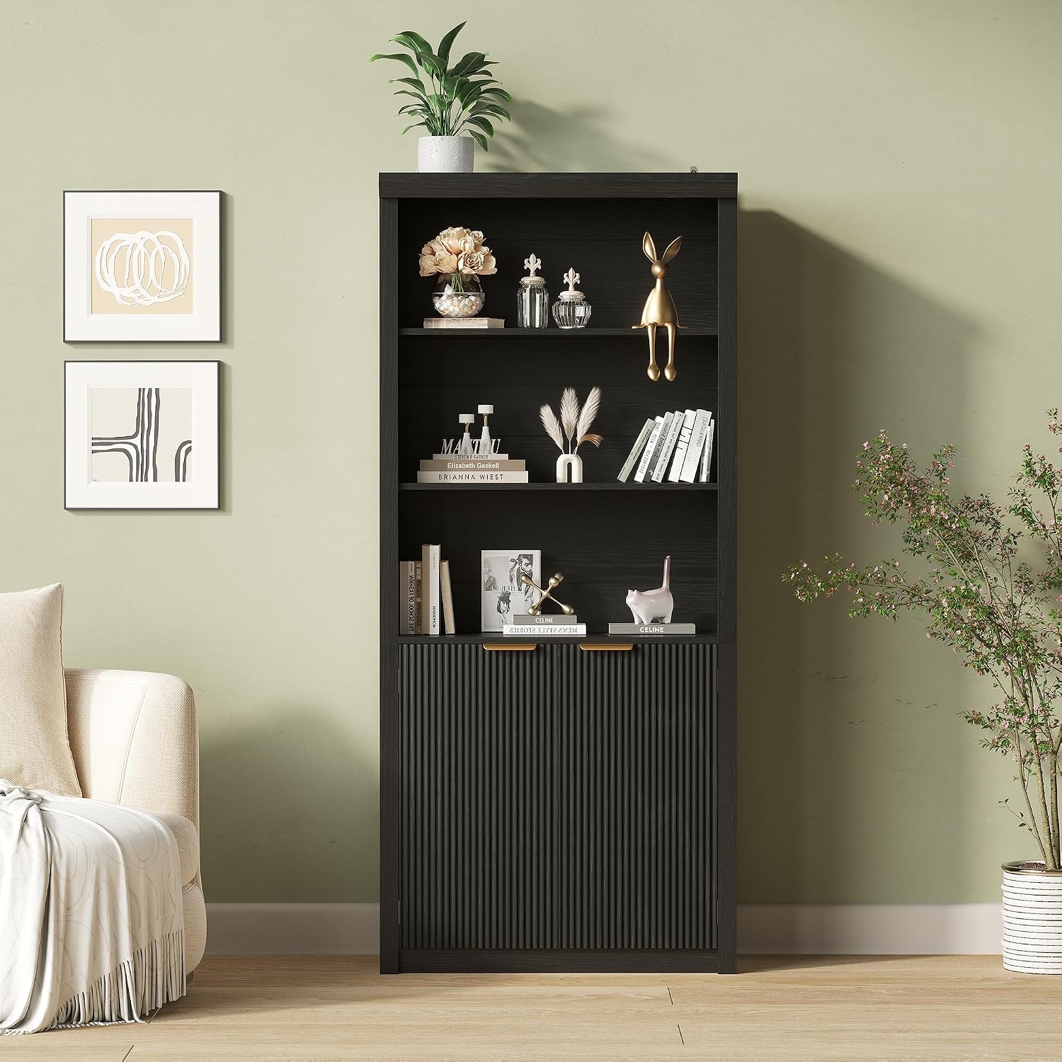Tall Book Shelf and Bookcase 2 PCS, 31.5' Wide Wooden Bookcase with Doors, Farmhouse Book Case with Large Storage, 5-Shelf Bookcases with Adjustable top Shelve for Home Office, Living Room,Black