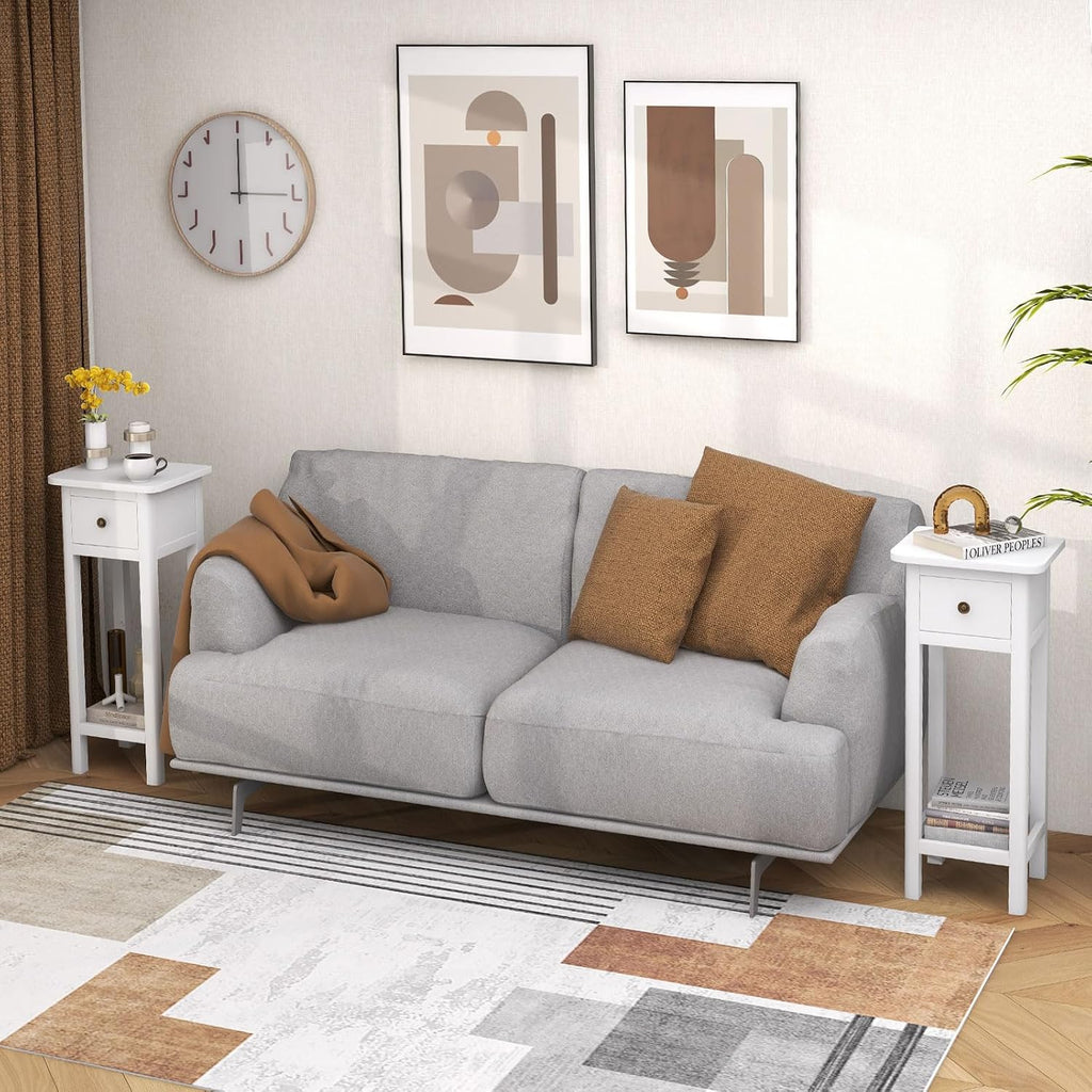 BECOMFORT Wooden End Table, Acacia Wood Bedside Table w/Shelf & Handy Drawer, Narrow Nightstand for Small Spaces in Living Room & Bedroom, No Assembly Required, 13.5' x 11.5' x 31.5' (2, White)