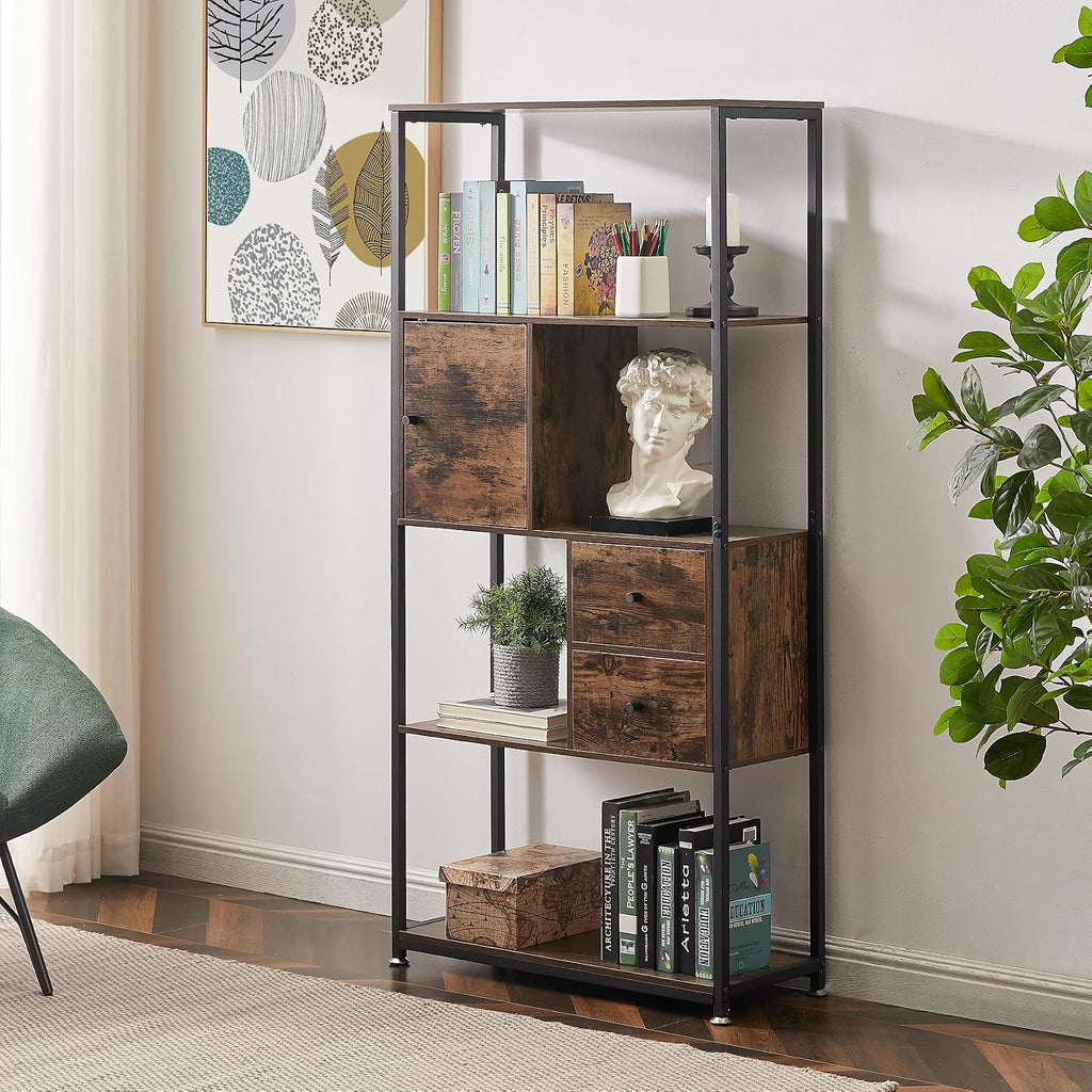 VECELO 5 Tier Bookshelf,62inch Height Bookcase with 2 Storage Drawers and 1 Cabinet, Wooden Shelves with Metal Frame,Open Book Shelves Standing Shelf Unit for Living Room, Bedroom,Office