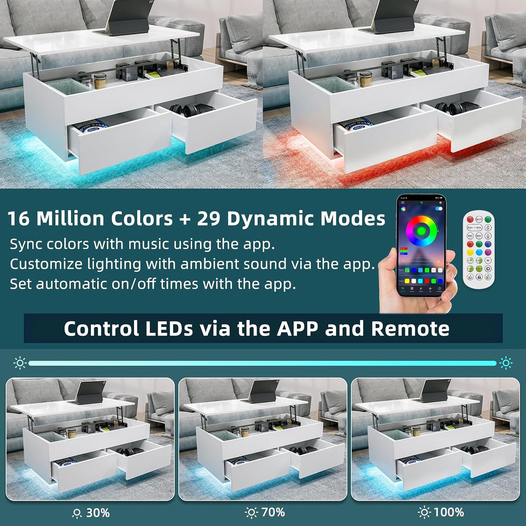 HOMMPA 40'' Lift Top Coffee Table for Living Room, White Coffee Tables with Storage, LED Modern Coffee Table Rectangular White Gloss, Flip Top Center Table with 2 Drawers and Hidden Compartment